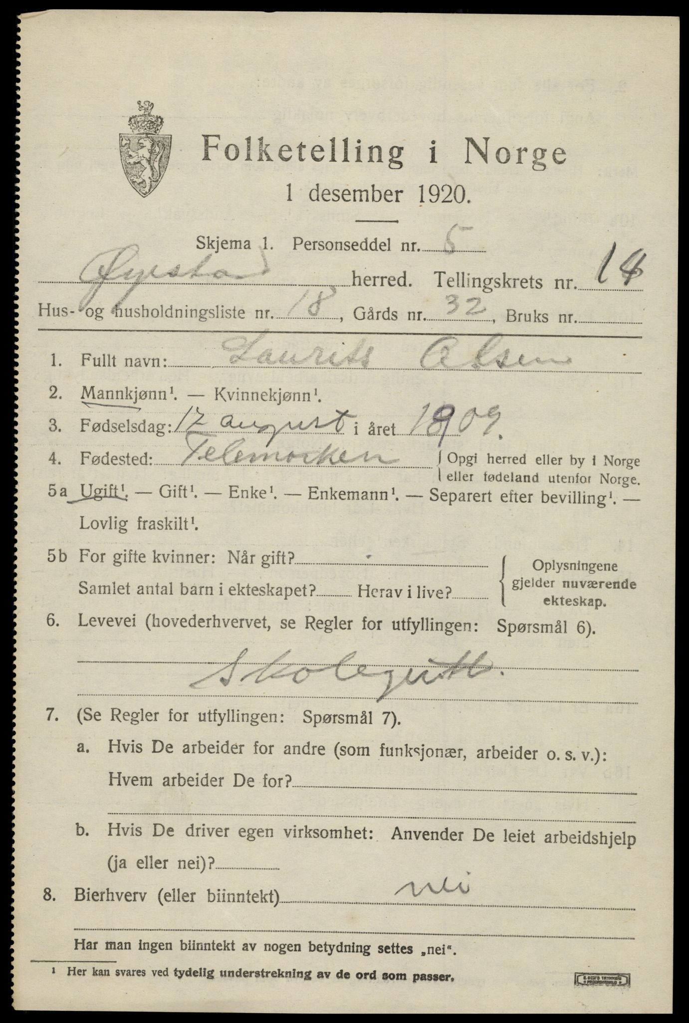 SAK, 1920 census for Øyestad, 1920, p. 9414