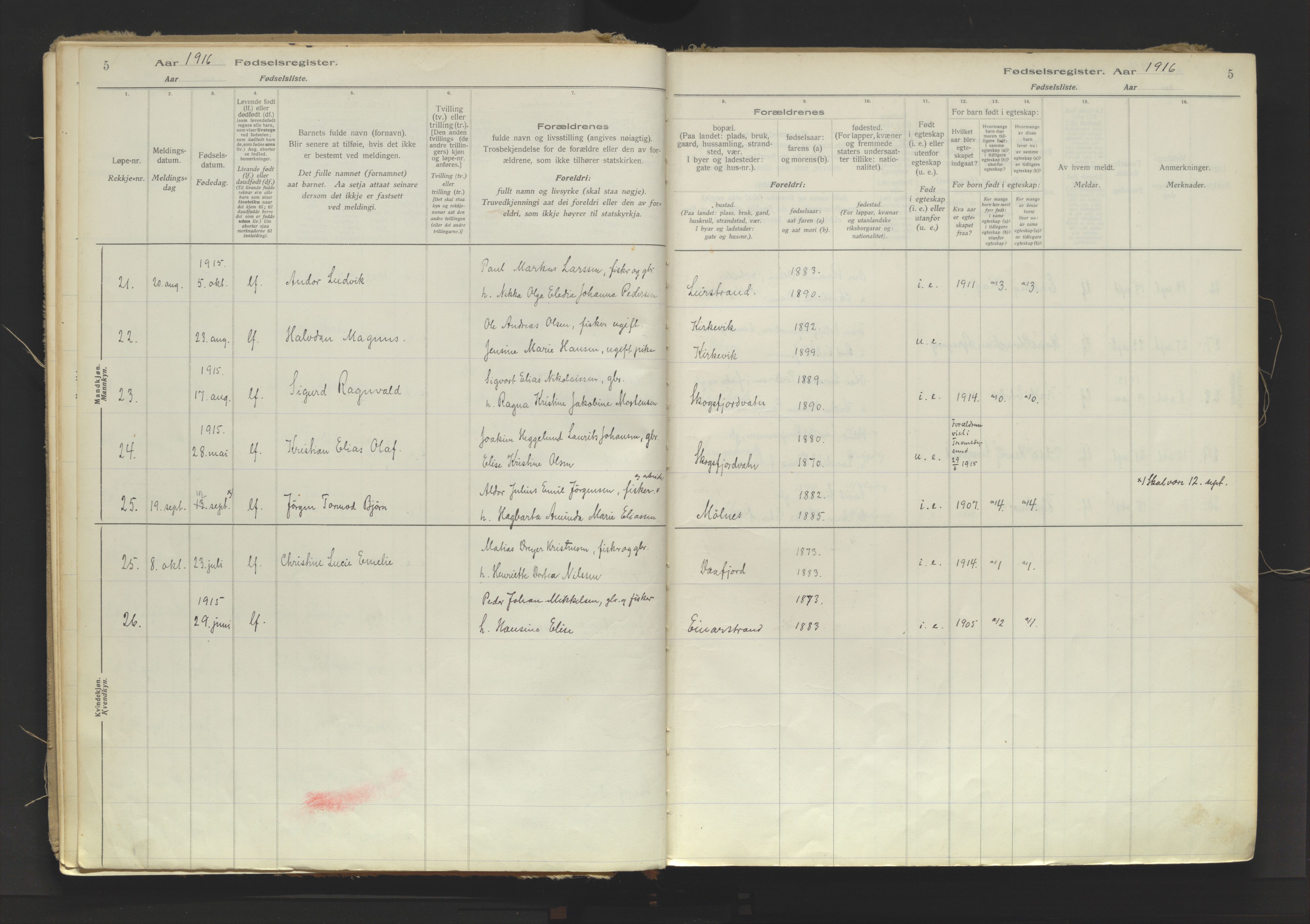 Karlsøy sokneprestembete, AV/SATØ-S-1299/I/Ic/L0067: Birth register no. 67, 1916-1958, p. 5