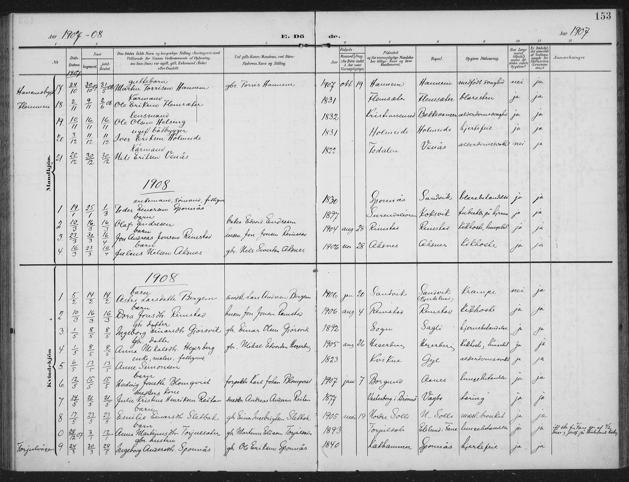 Ministerialprotokoller, klokkerbøker og fødselsregistre - Møre og Romsdal, SAT/A-1454/586/L0989: Parish register (official) no. 586A15, 1906-1915, p. 153