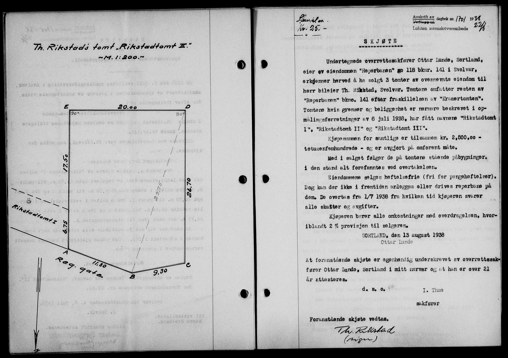 Lofoten sorenskriveri, SAT/A-0017/1/2/2C/L0004a: Mortgage book no. 4a, 1938-1938, Diary no: : 1701/1938