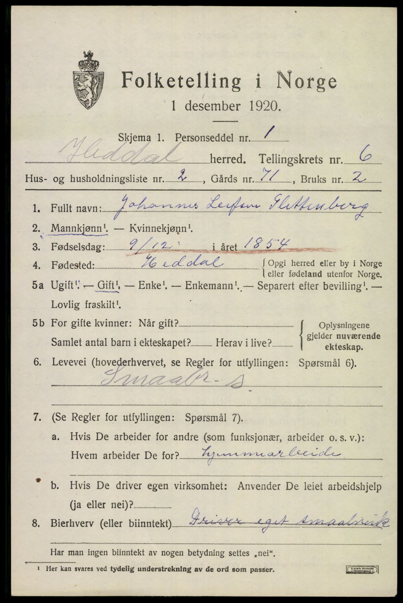 SAKO, 1920 census for Heddal, 1920, p. 5198