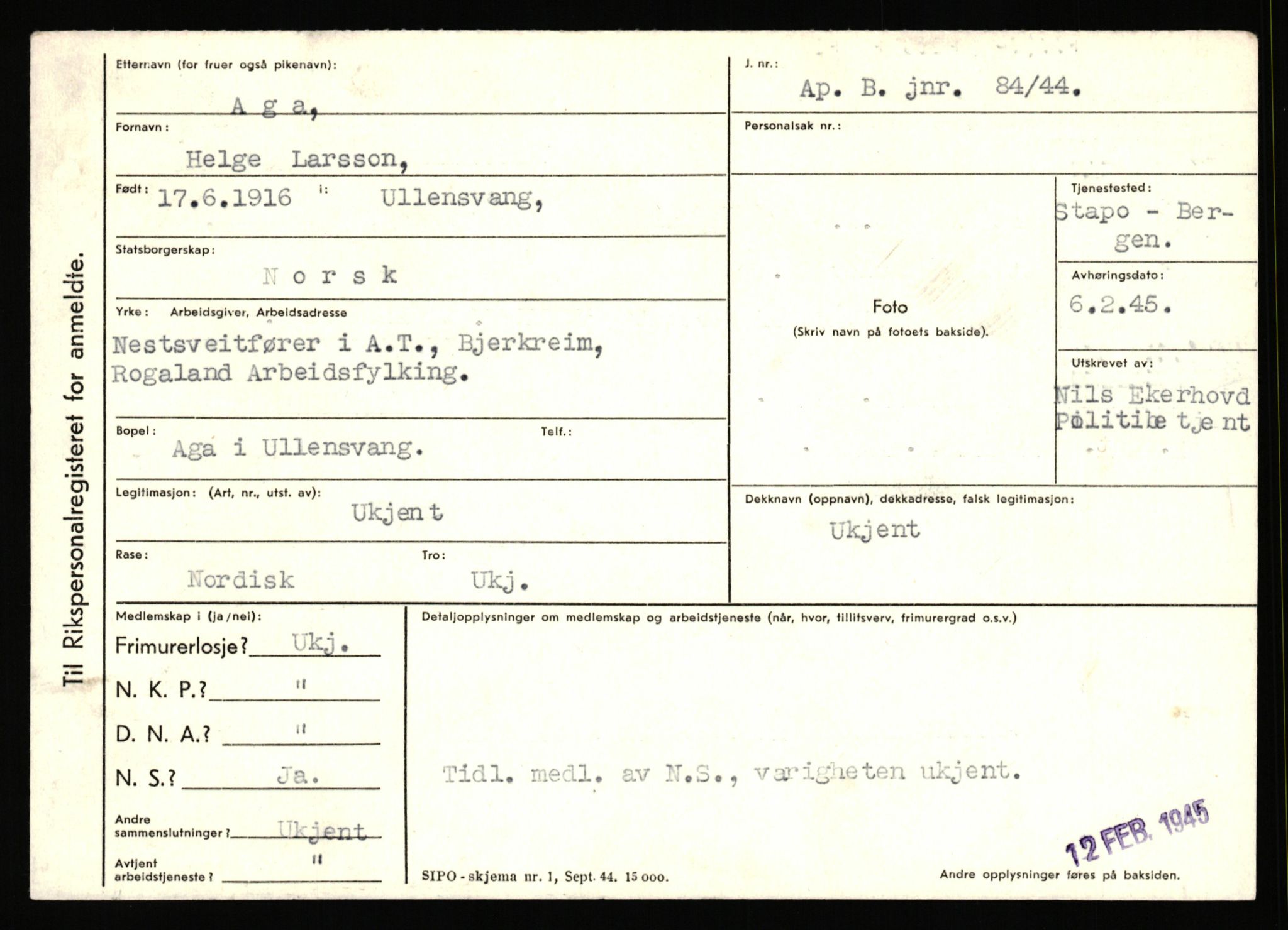Statspolitiet - Hovedkontoret / Osloavdelingen, AV/RA-S-1329/C/Ca/L0001: Aabakken - Armann, 1943-1945, p. 1168