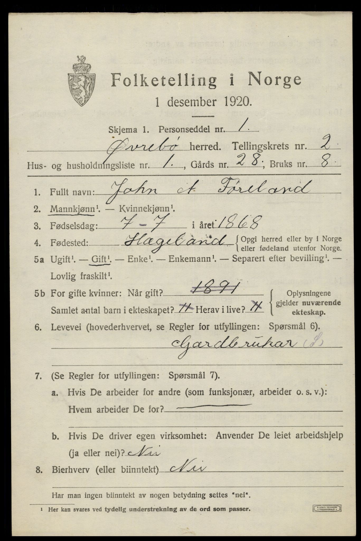 SAK, 1920 census for Øvrebø, 1920, p. 526