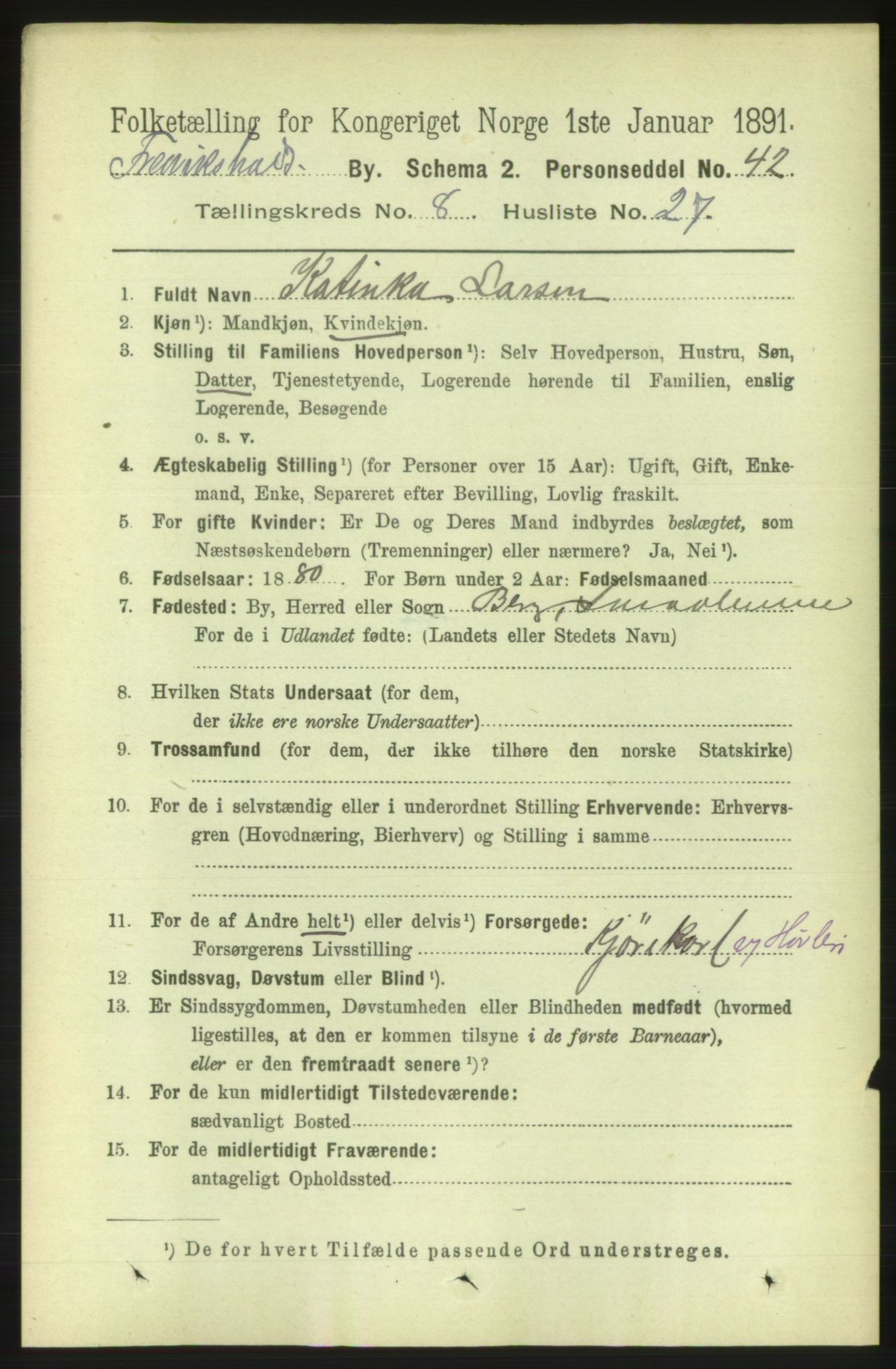 RA, 1891 census for 0101 Fredrikshald, 1891, p. 5805