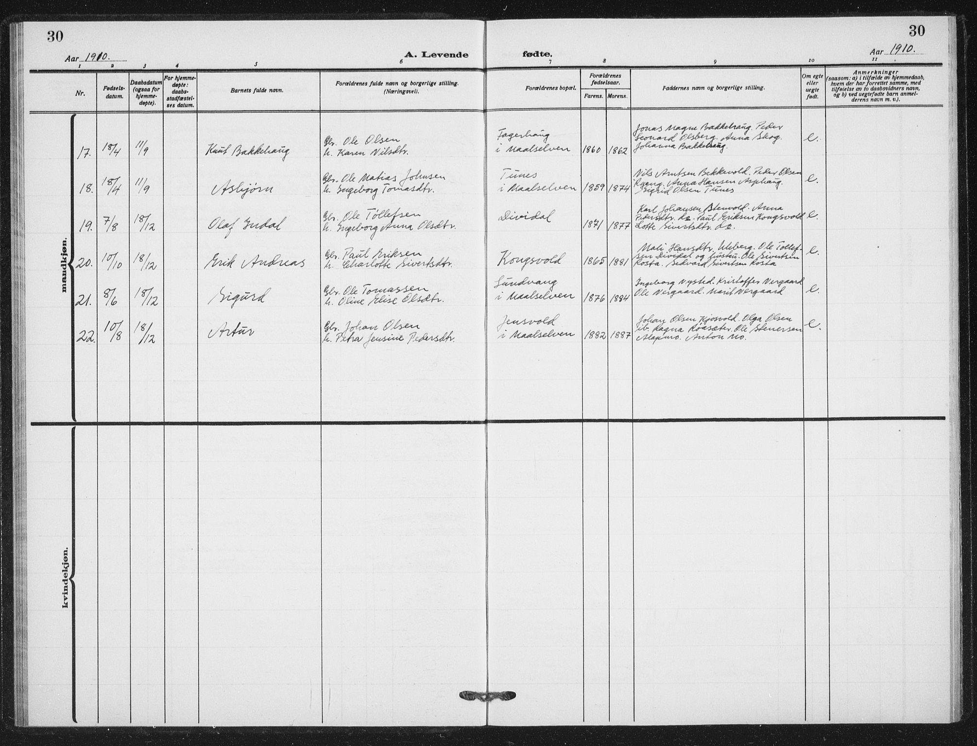 Målselv sokneprestembete, AV/SATØ-S-1311/G/Ga/Gab/L0012klokker: Parish register (copy) no. 12, 1900-1936, p. 30