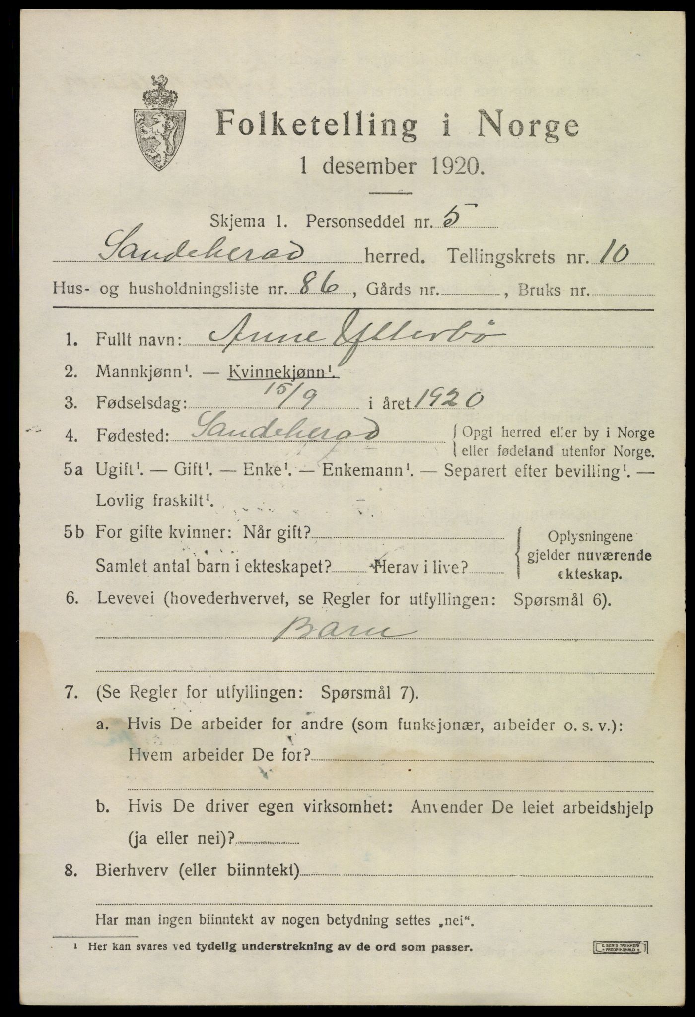 SAKO, 1920 census for Sandeherred, 1920, p. 15540