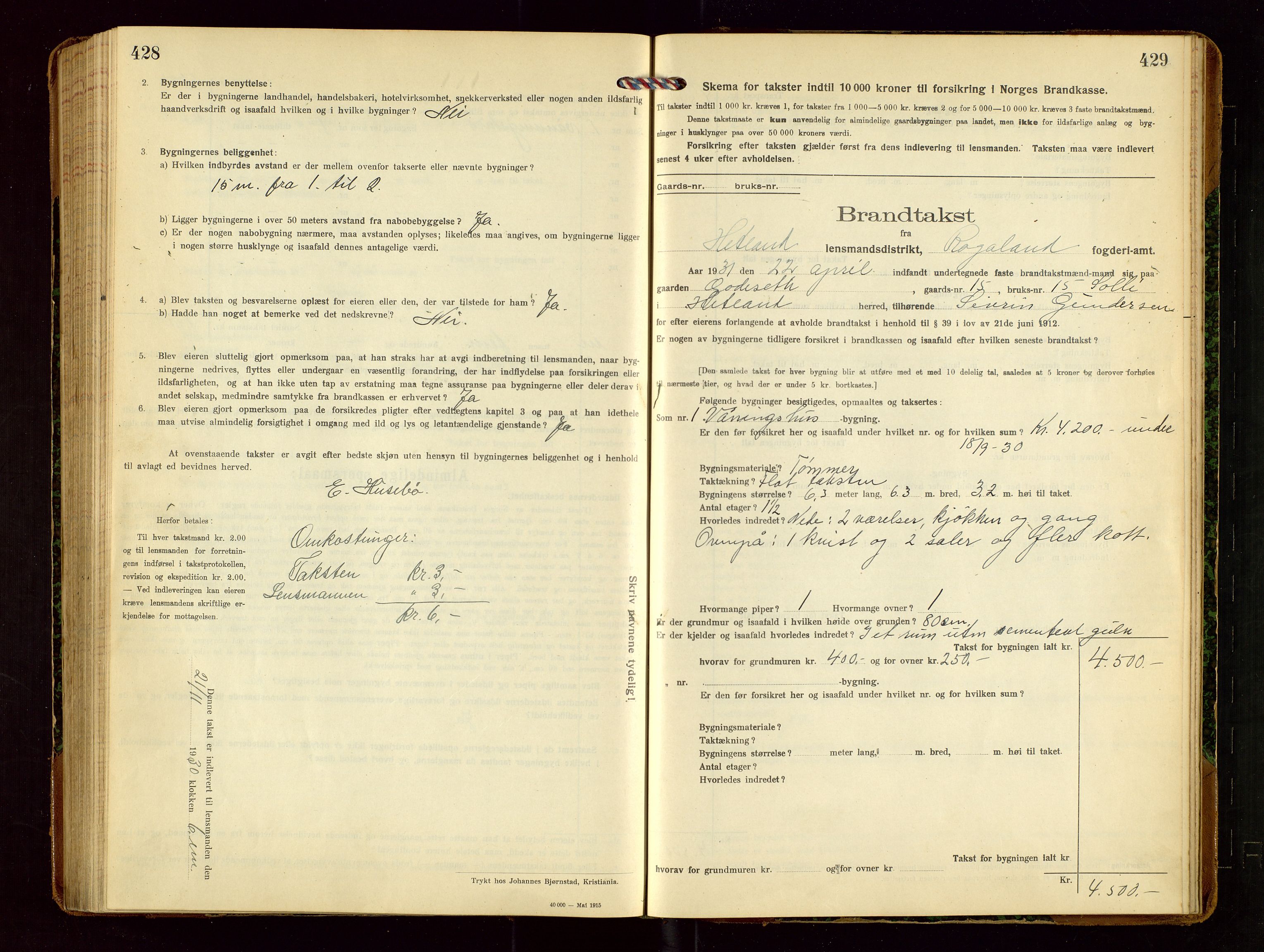 Hetland lensmannskontor, SAST/A-100101/Gob/L0002: "Brandtakstprotokol", 1918-1932, p. 428-429