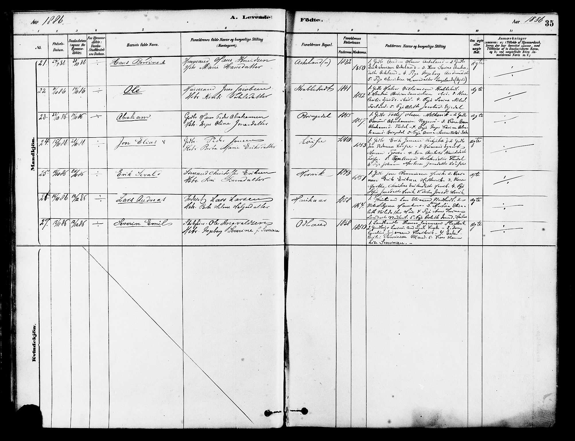 Tysvær sokneprestkontor, AV/SAST-A -101864/H/Ha/Haa/L0006: Parish register (official) no. A 6, 1878-1896, p. 35