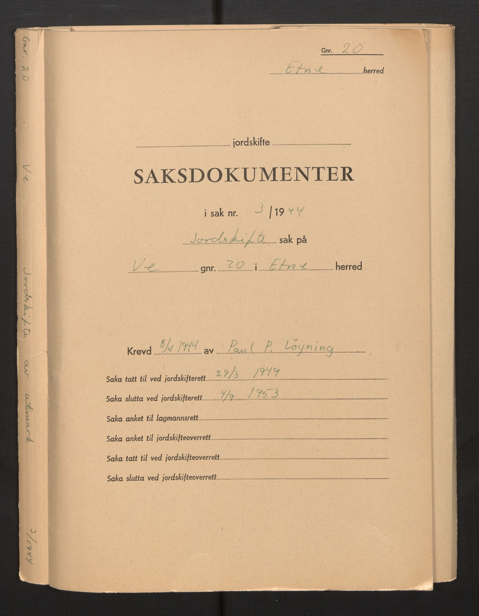 Hordaland jordskiftedøme - VII Indre Sunnhordland jordskiftedistrikt, AV/SAB-A-7401/B/Bb/L0003: Etne gnr. 14-23, 1949-1953, p. 1