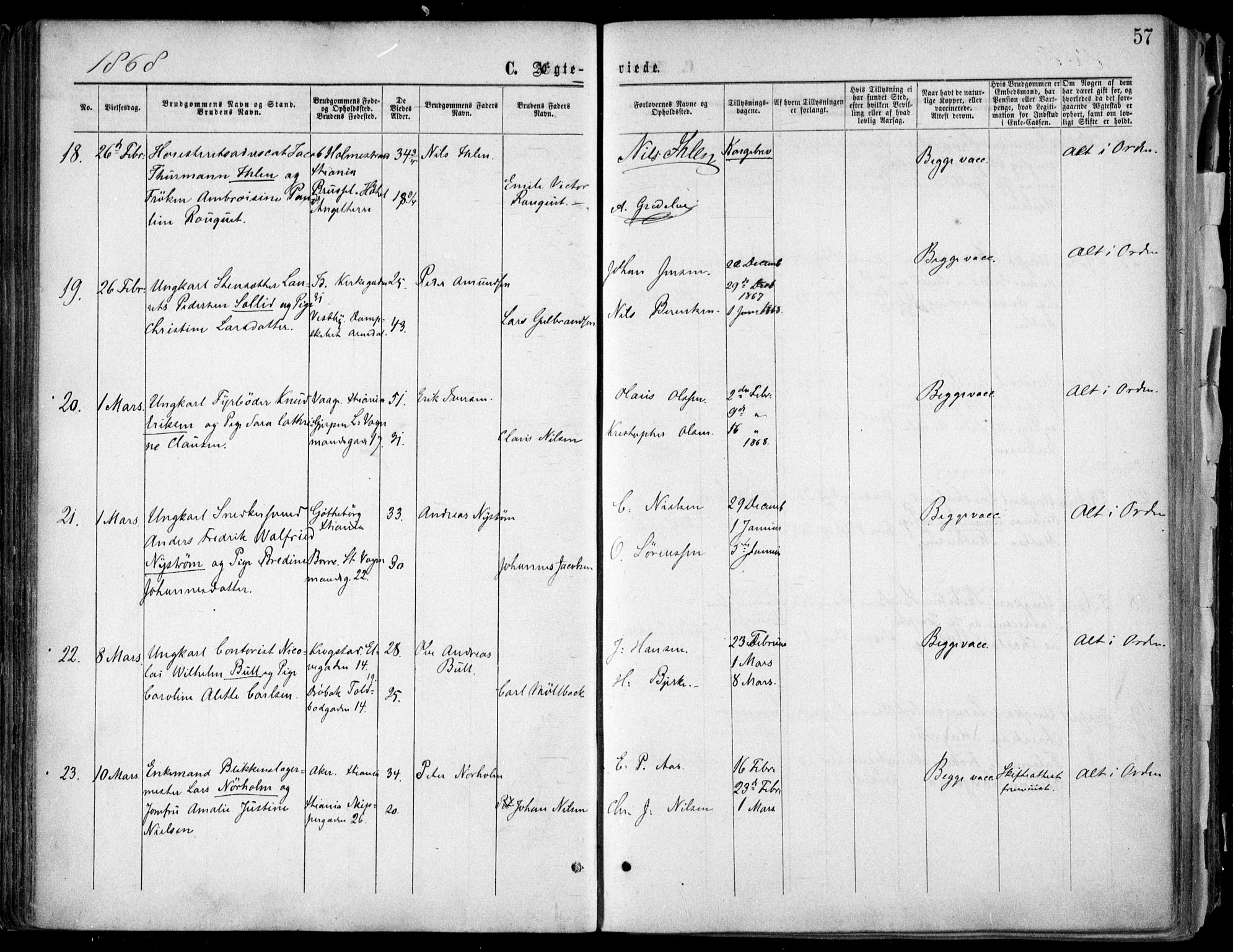 Oslo domkirke Kirkebøker, SAO/A-10752/F/Fa/L0021: Parish register (official) no. 21, 1865-1884, p. 57