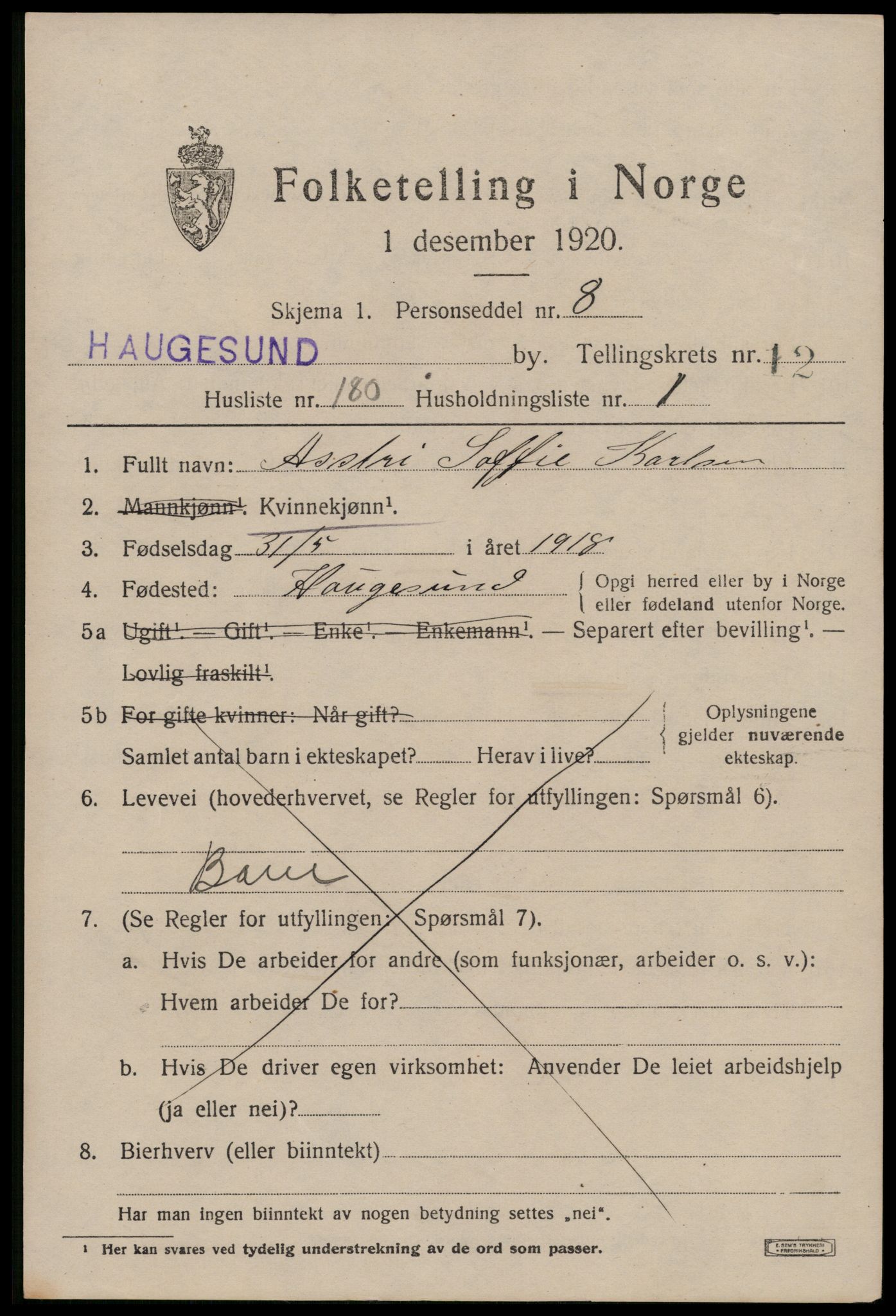 SAST, 1920 census for Haugesund, 1920, p. 41445