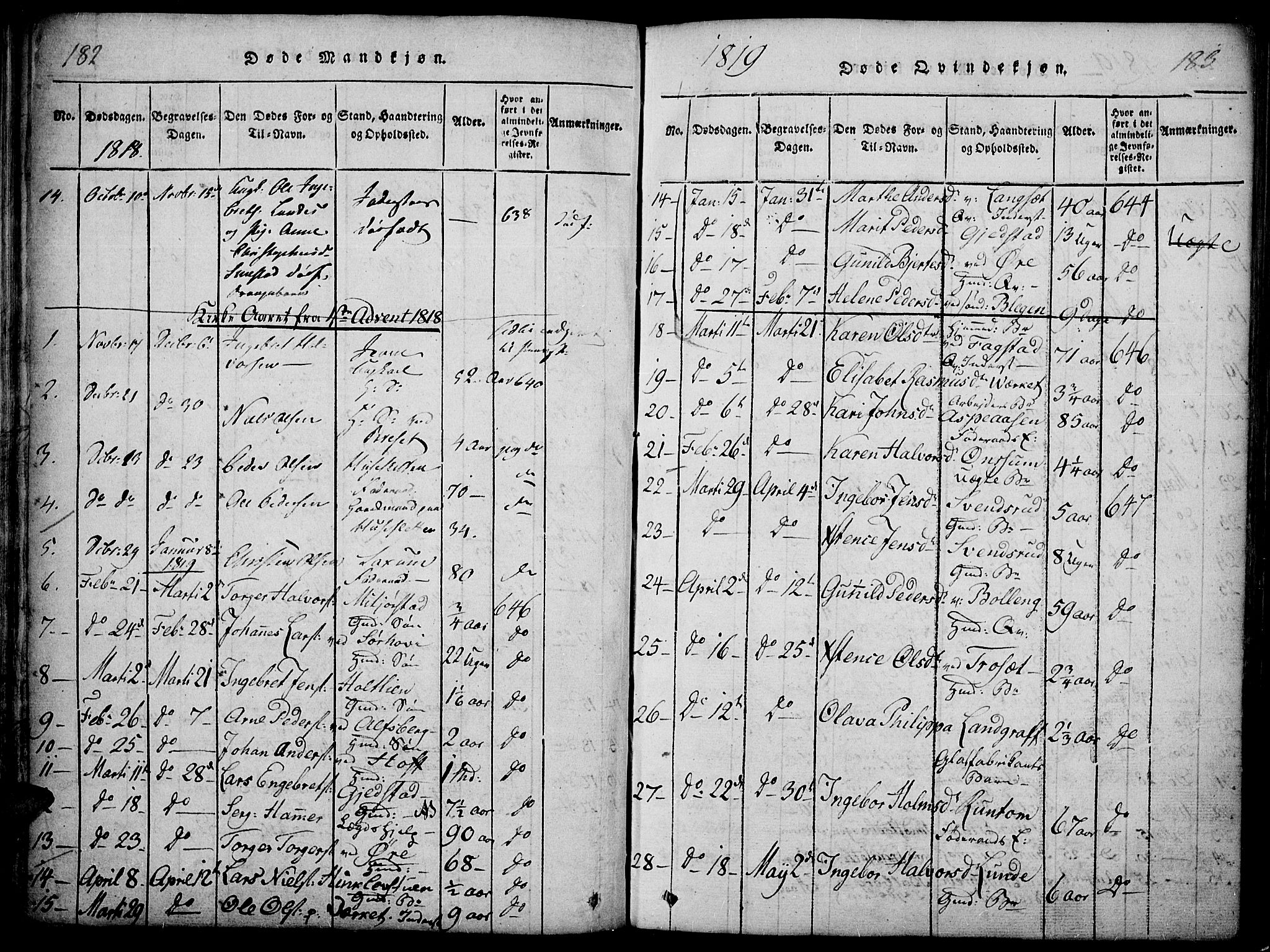 Fåberg prestekontor, SAH/PREST-086/H/Ha/Haa/L0003: Parish register (official) no. 3, 1818-1833, p. 182-183
