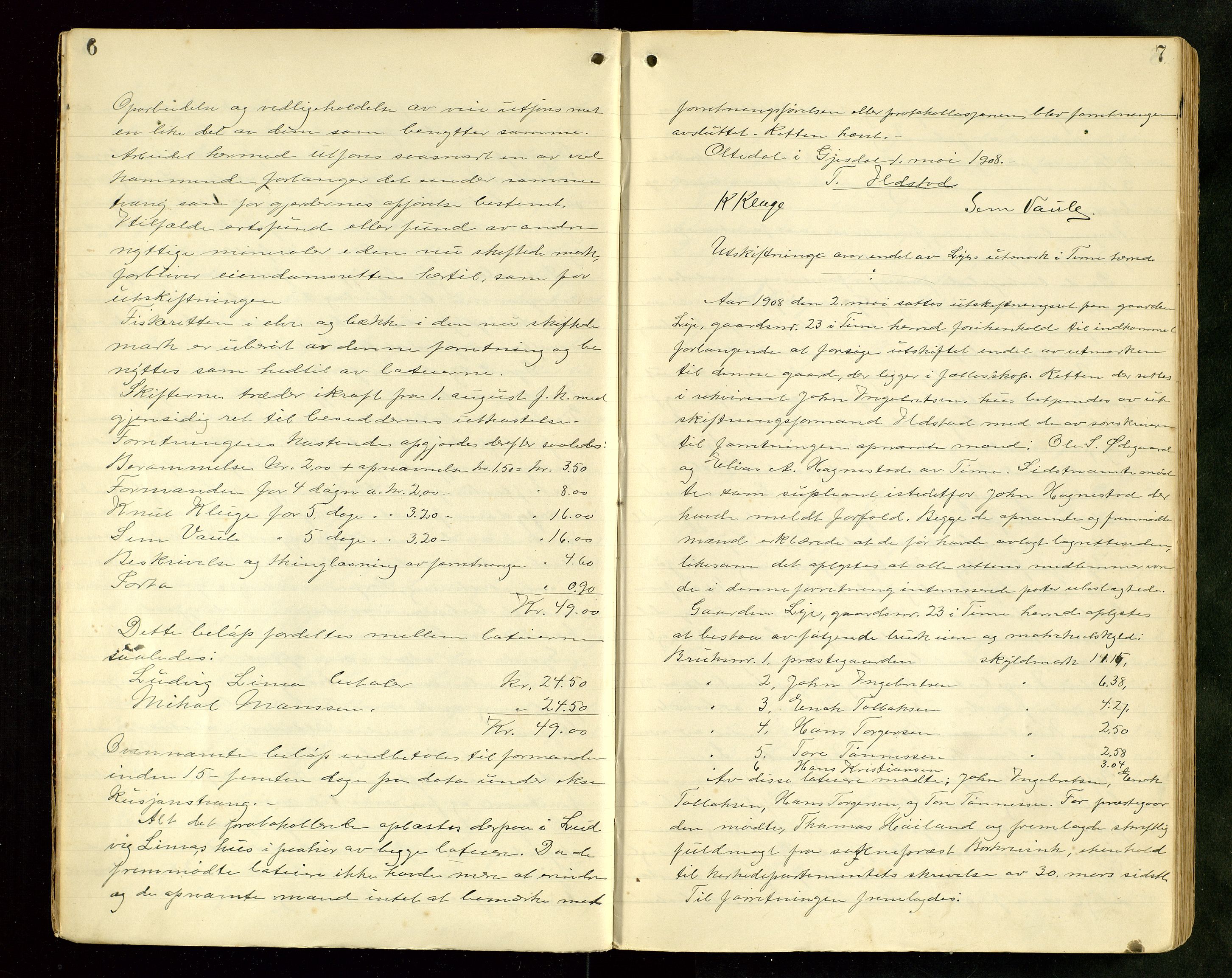 Rogaland jordskifterett, AV/SAST-A-102426/Oa/L0067: Forhandlingsprotokoll, 1908-1910, p. 6-7