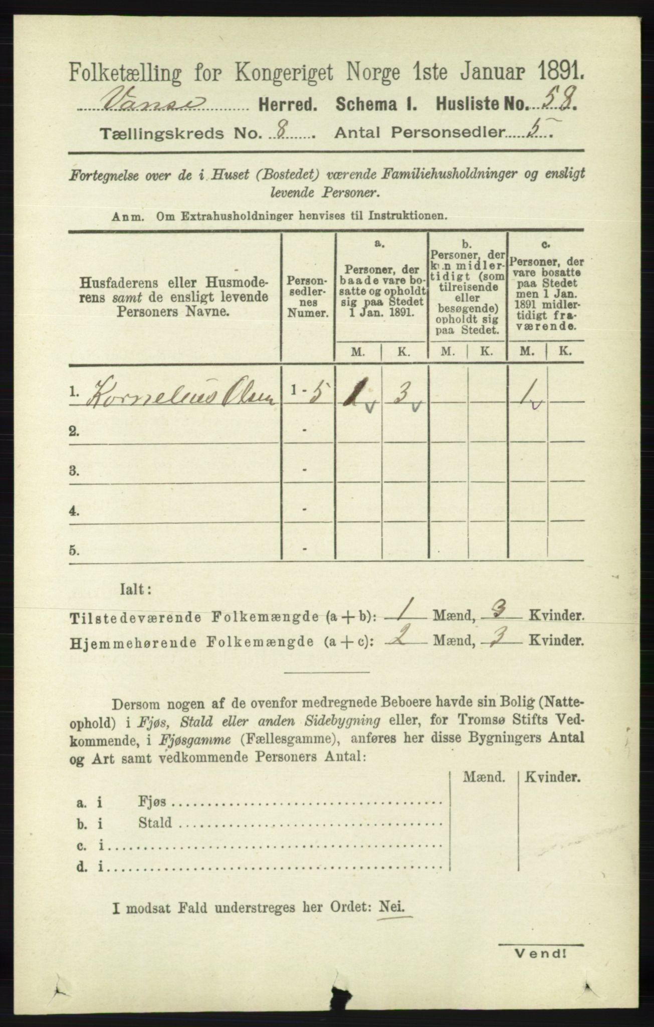 RA, 1891 census for 1041 Vanse, 1891, p. 4899