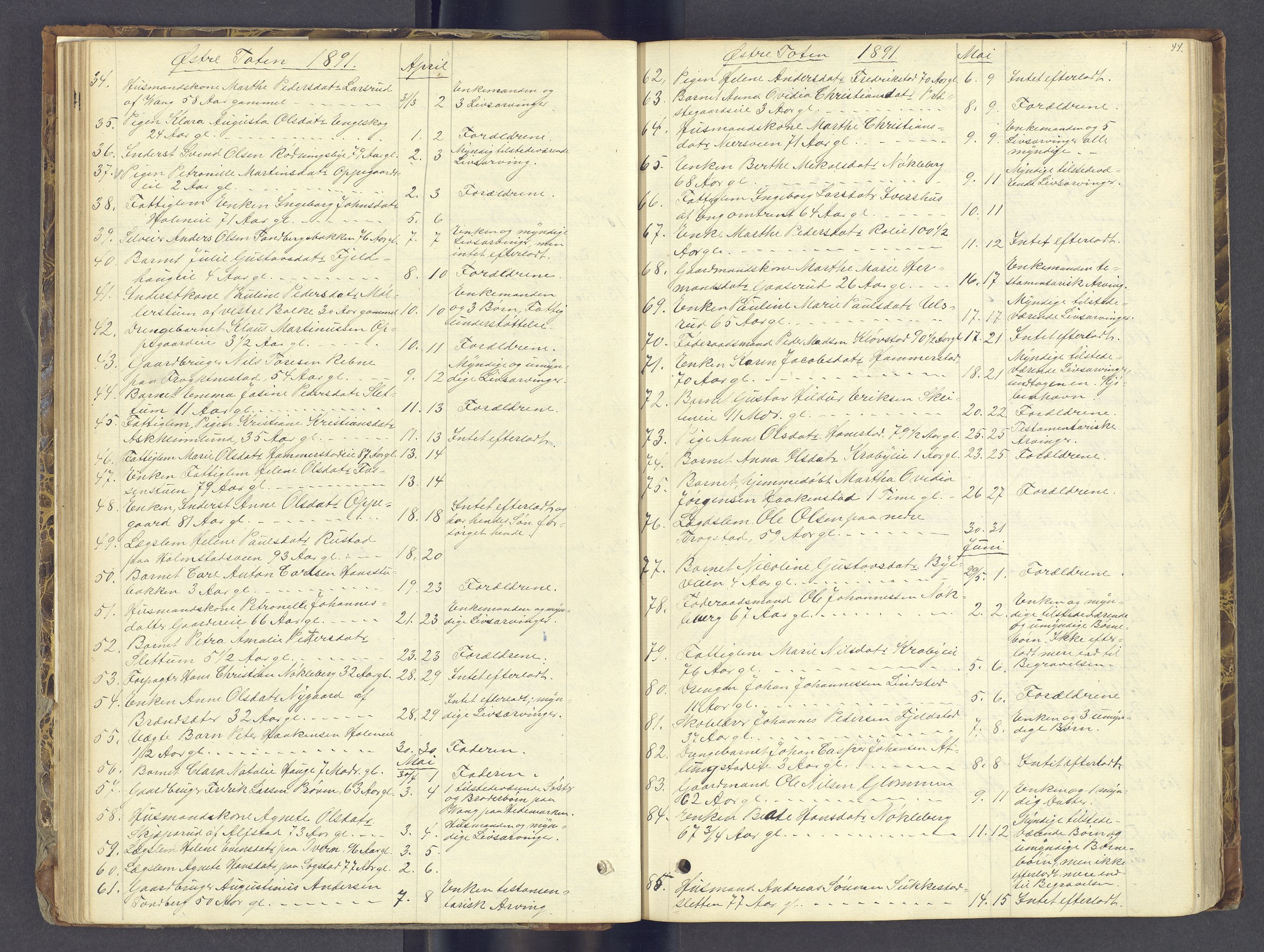 Toten tingrett, AV/SAH-TING-006/J/Jl/L0002: Dødsfallsjournal, 1868-1892, p. 43b-44a
