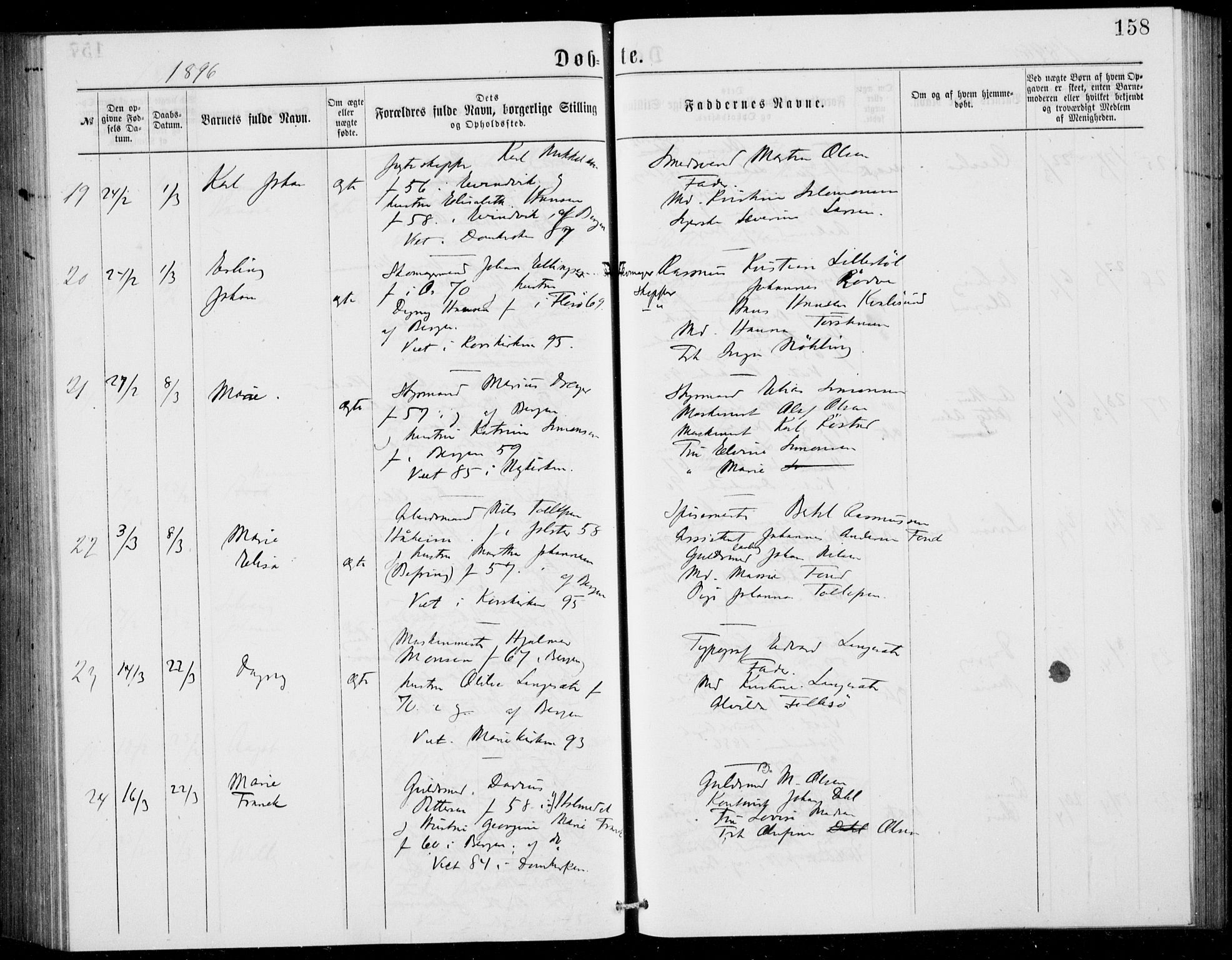 Fødselsstiftelsens sokneprestembete, ført av overlegen*, SAB/-: Parish register (official) no. A 2, 1884-1900, p. 158