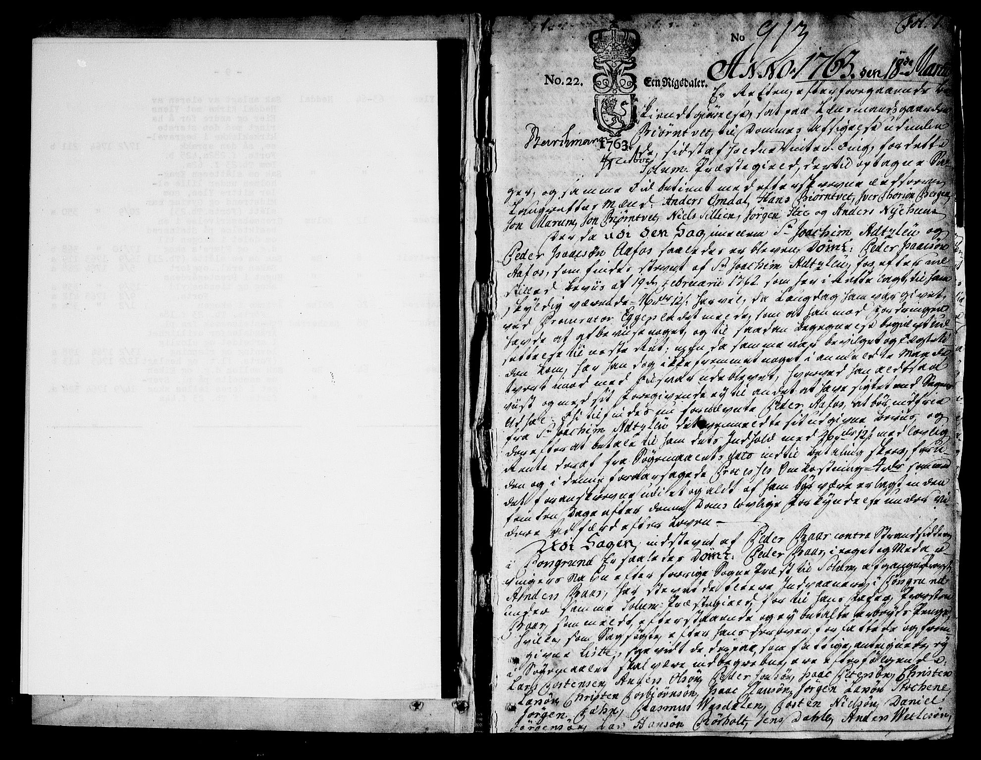 Nedre Telemark sorenskriveri, AV/SAKO-A-135/F/Fa/L0022: Tingbok, 1763-1765, p. 1