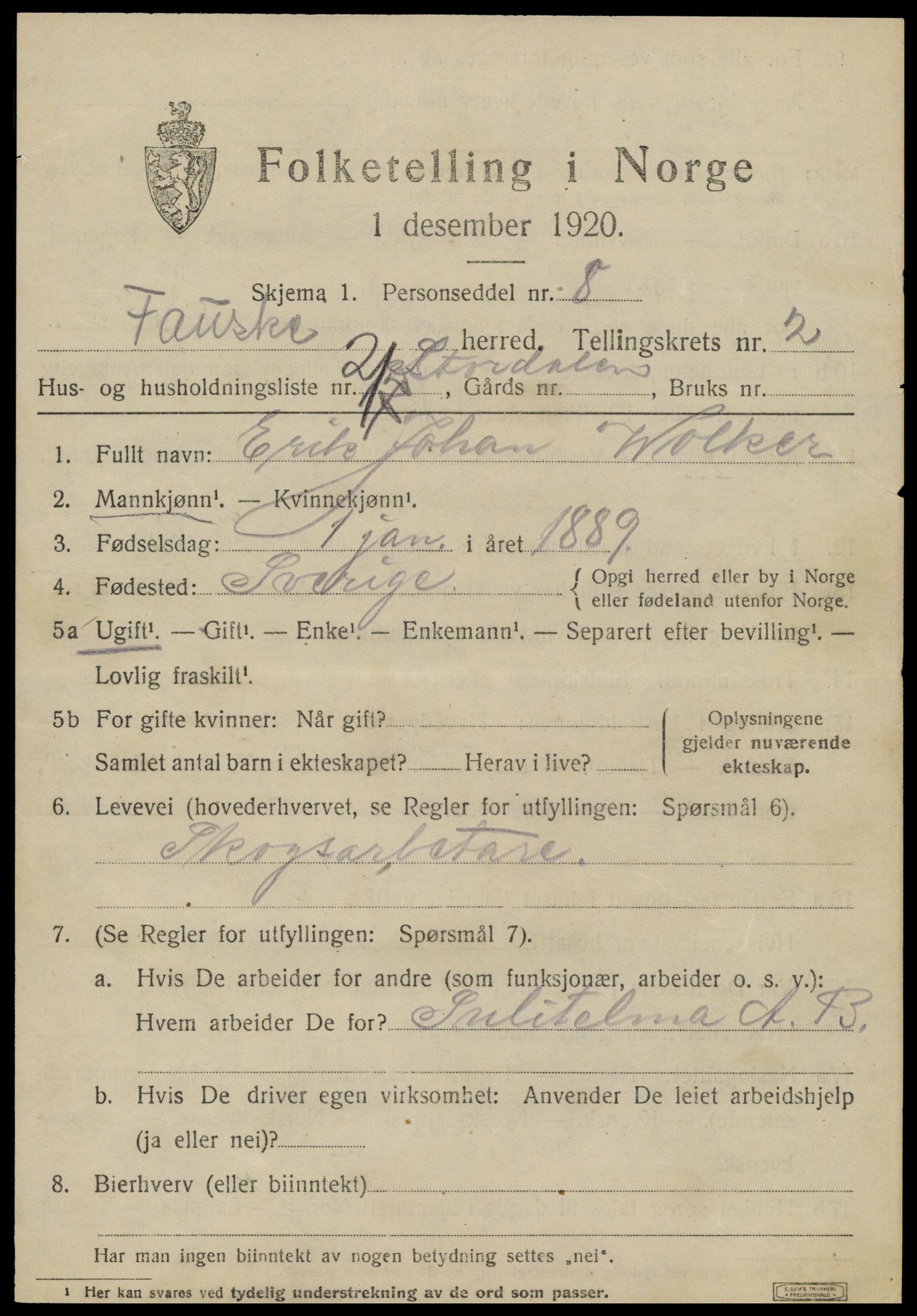 SAT, 1920 census for Fauske, 1920, p. 3482