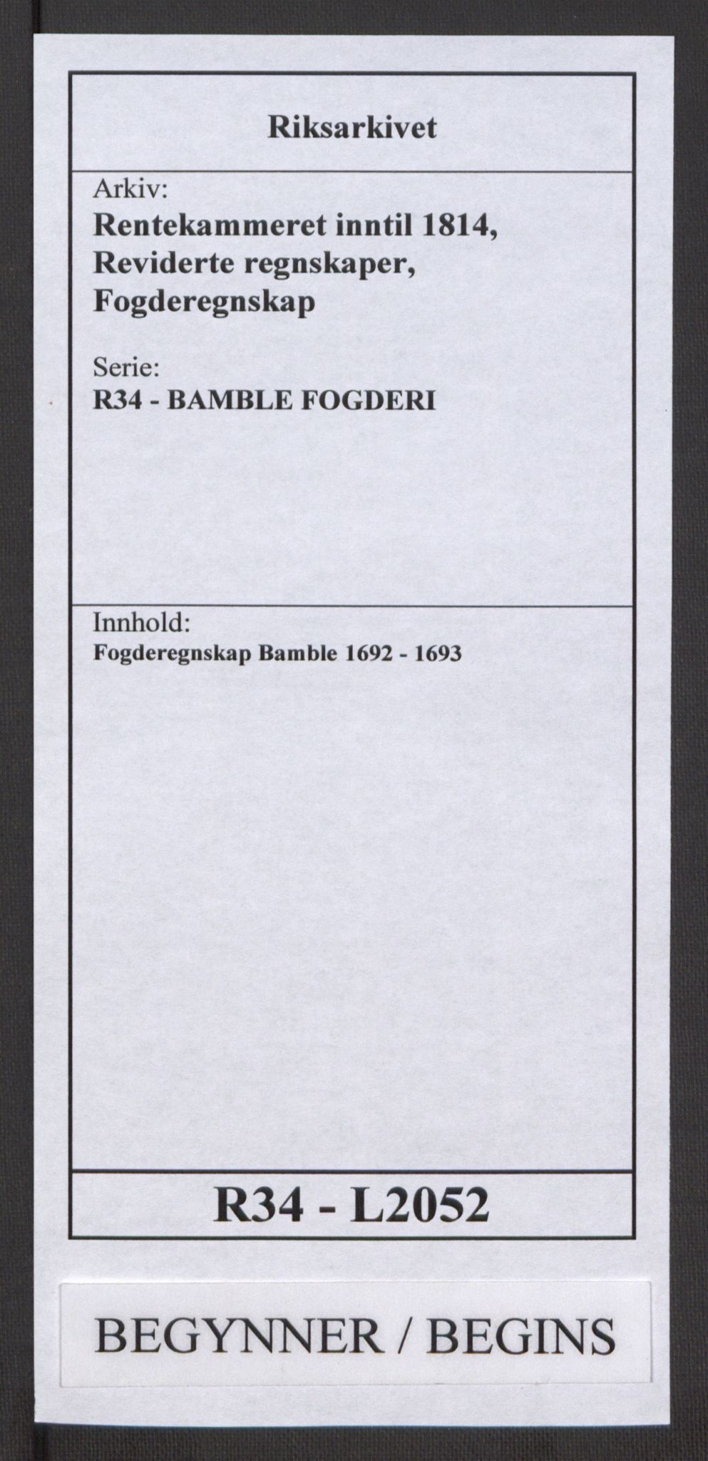 Rentekammeret inntil 1814, Reviderte regnskaper, Fogderegnskap, RA/EA-4092/R34/L2052: Fogderegnskap Bamble, 1692-1693, p. 1