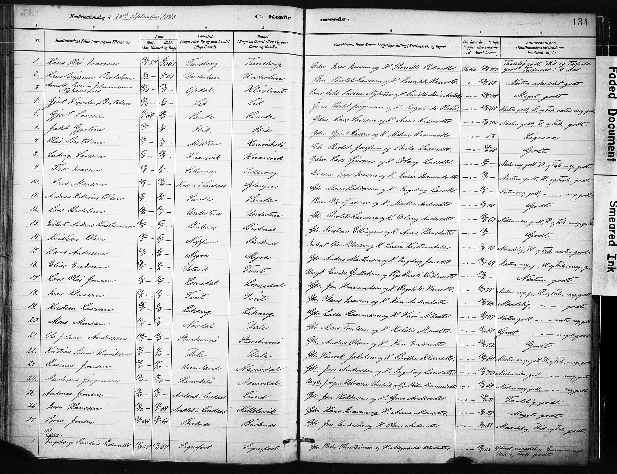 Gulen sokneprestembete, AV/SAB-A-80201/H/Haa/Haab/L0001: Parish register (official) no. B 1, 1881-1905, p. 134