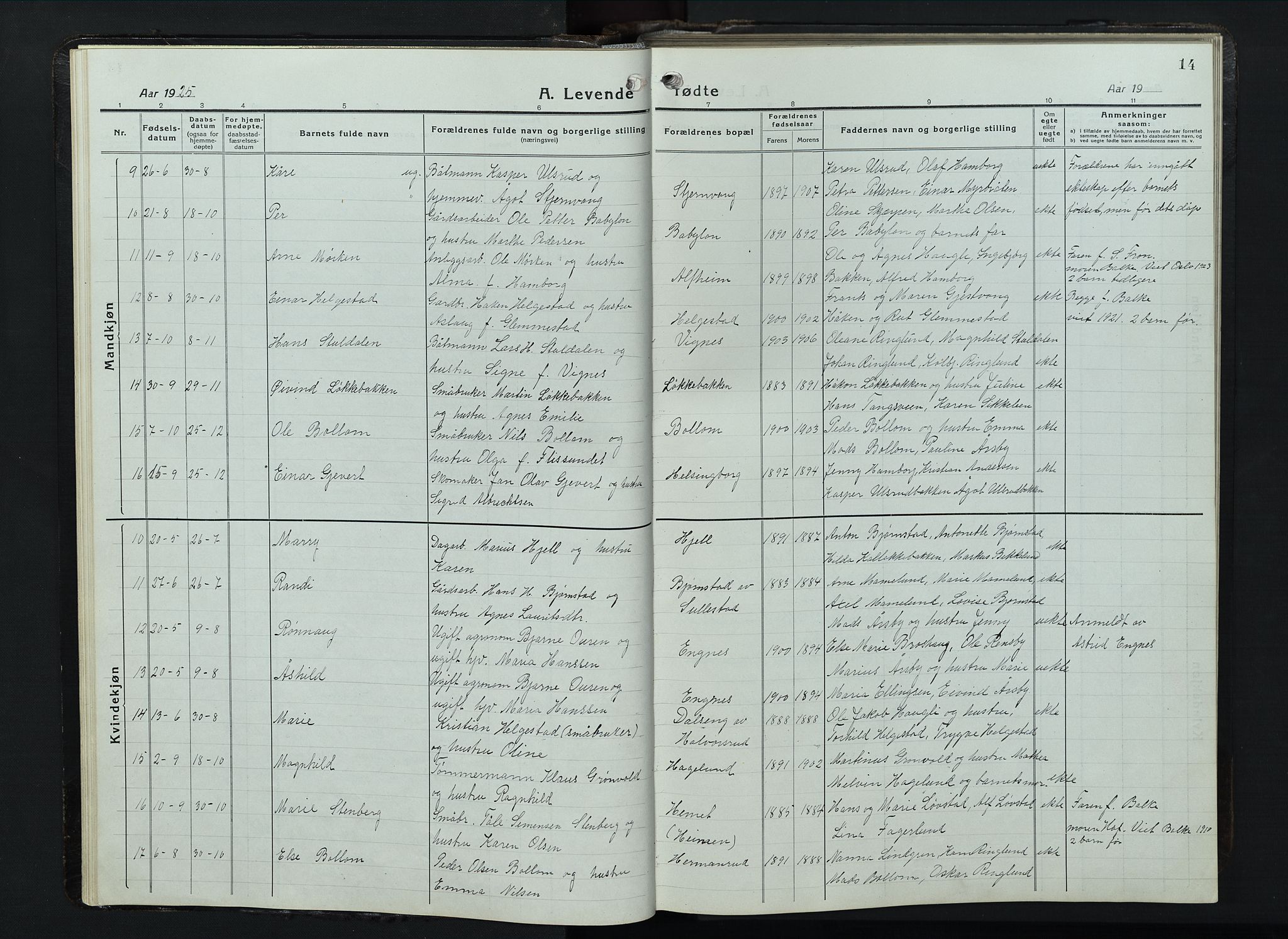 Balke prestekontor, SAH/PREST-106/H/Ha/Hab/L0001: Parish register (copy) no. 1, 1920-1955, p. 14