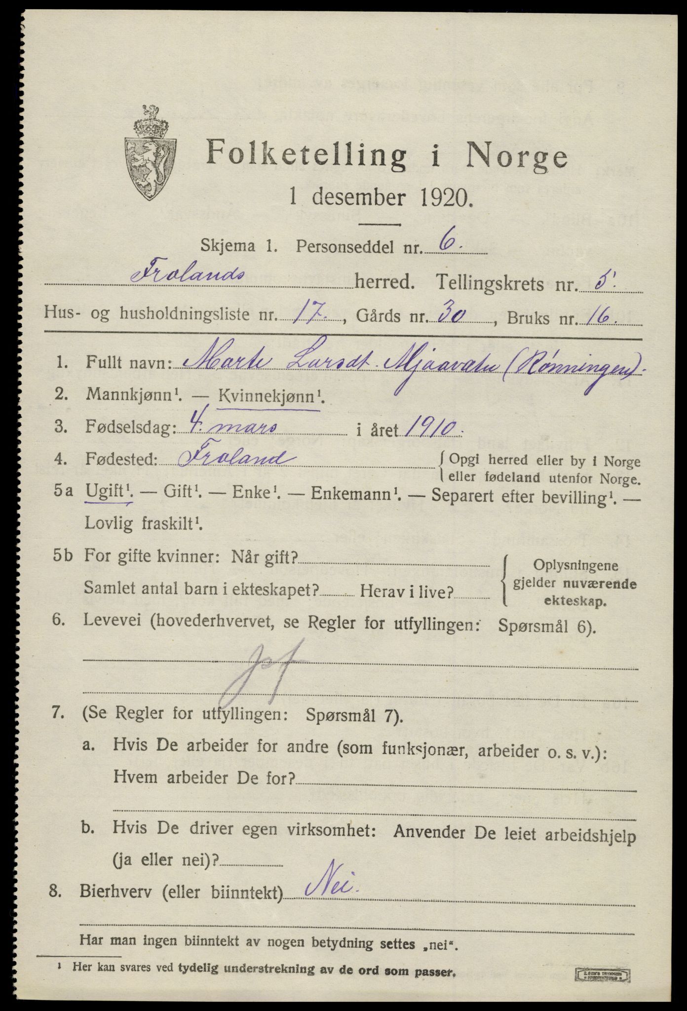 SAK, 1920 census for Froland, 1920, p. 3819