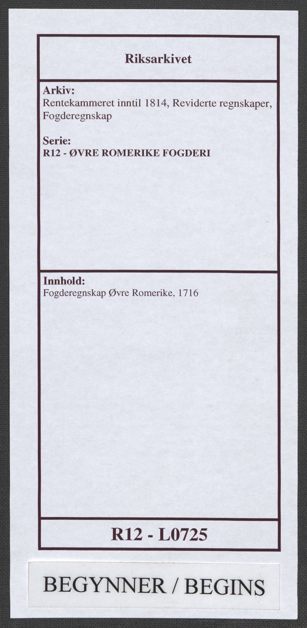 Rentekammeret inntil 1814, Reviderte regnskaper, Fogderegnskap, AV/RA-EA-4092/R12/L0725: Fogderegnskap Øvre Romerike, 1716, p. 1