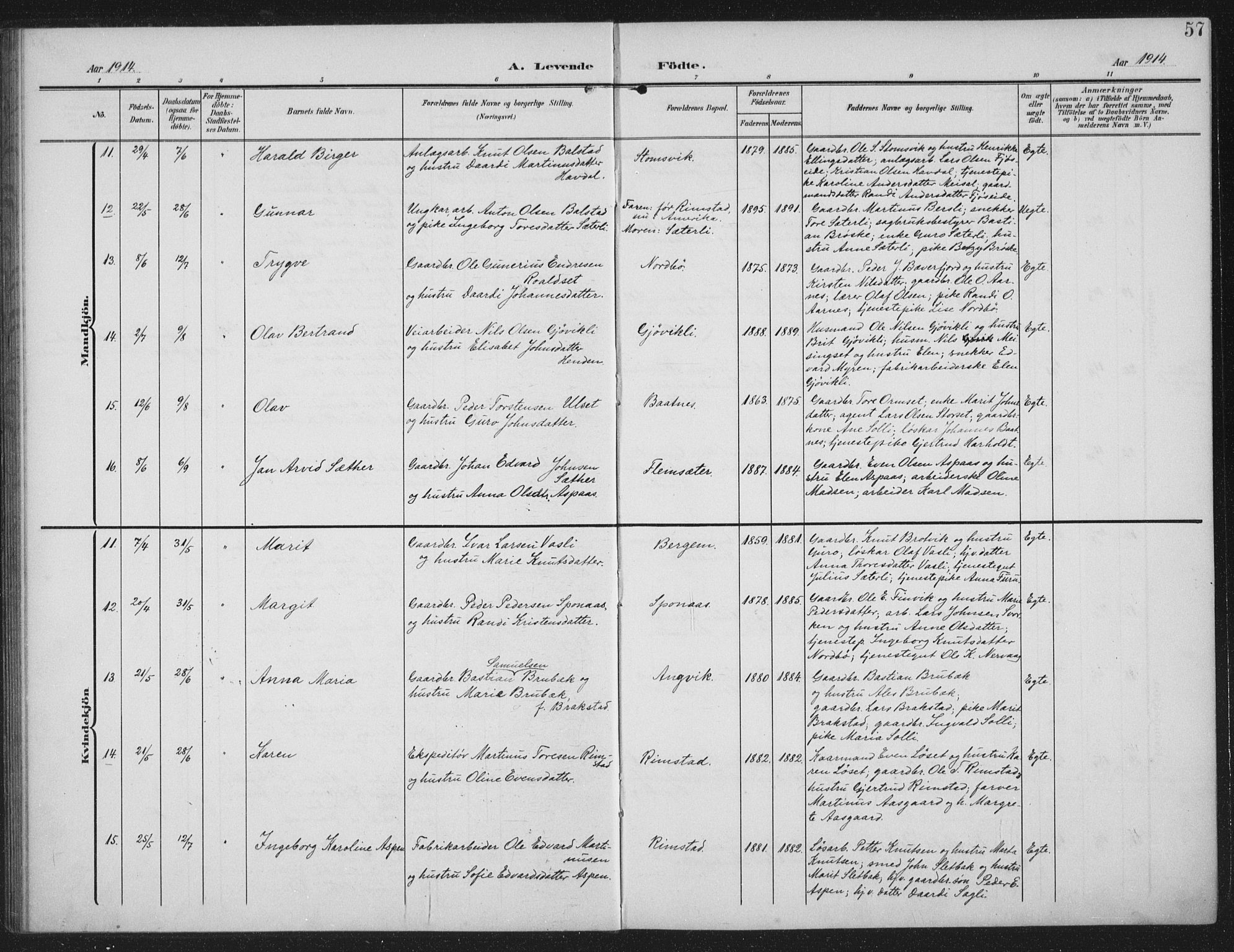 Ministerialprotokoller, klokkerbøker og fødselsregistre - Møre og Romsdal, AV/SAT-A-1454/586/L0989: Parish register (official) no. 586A15, 1906-1915, p. 57