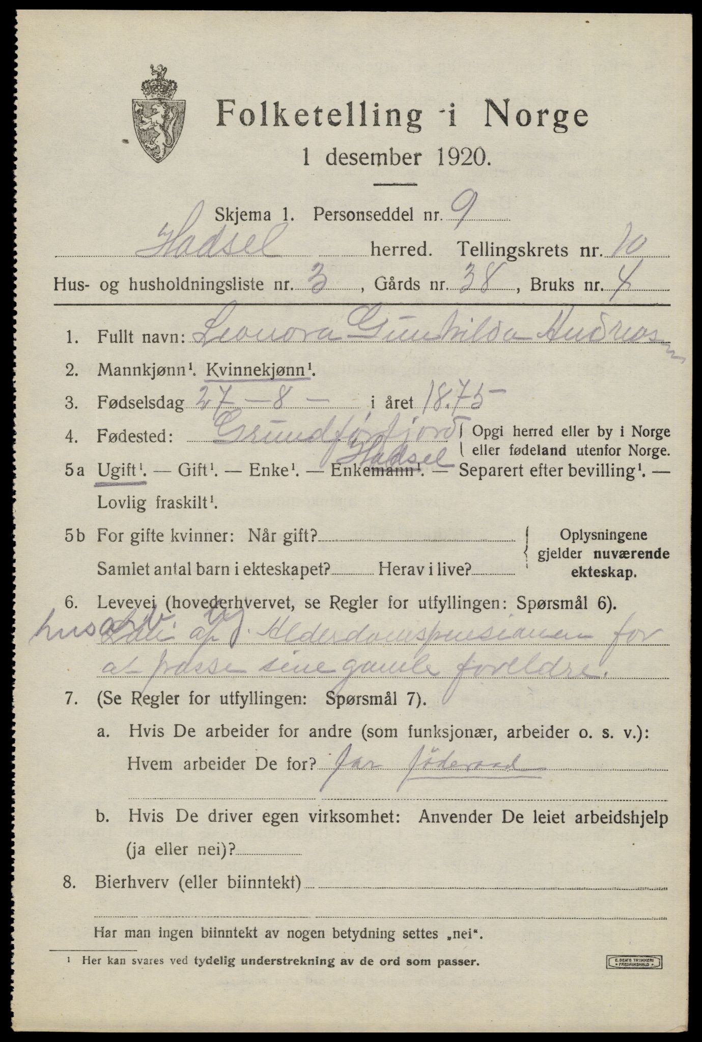 SAT, 1920 census for Hadsel, 1920, p. 8164