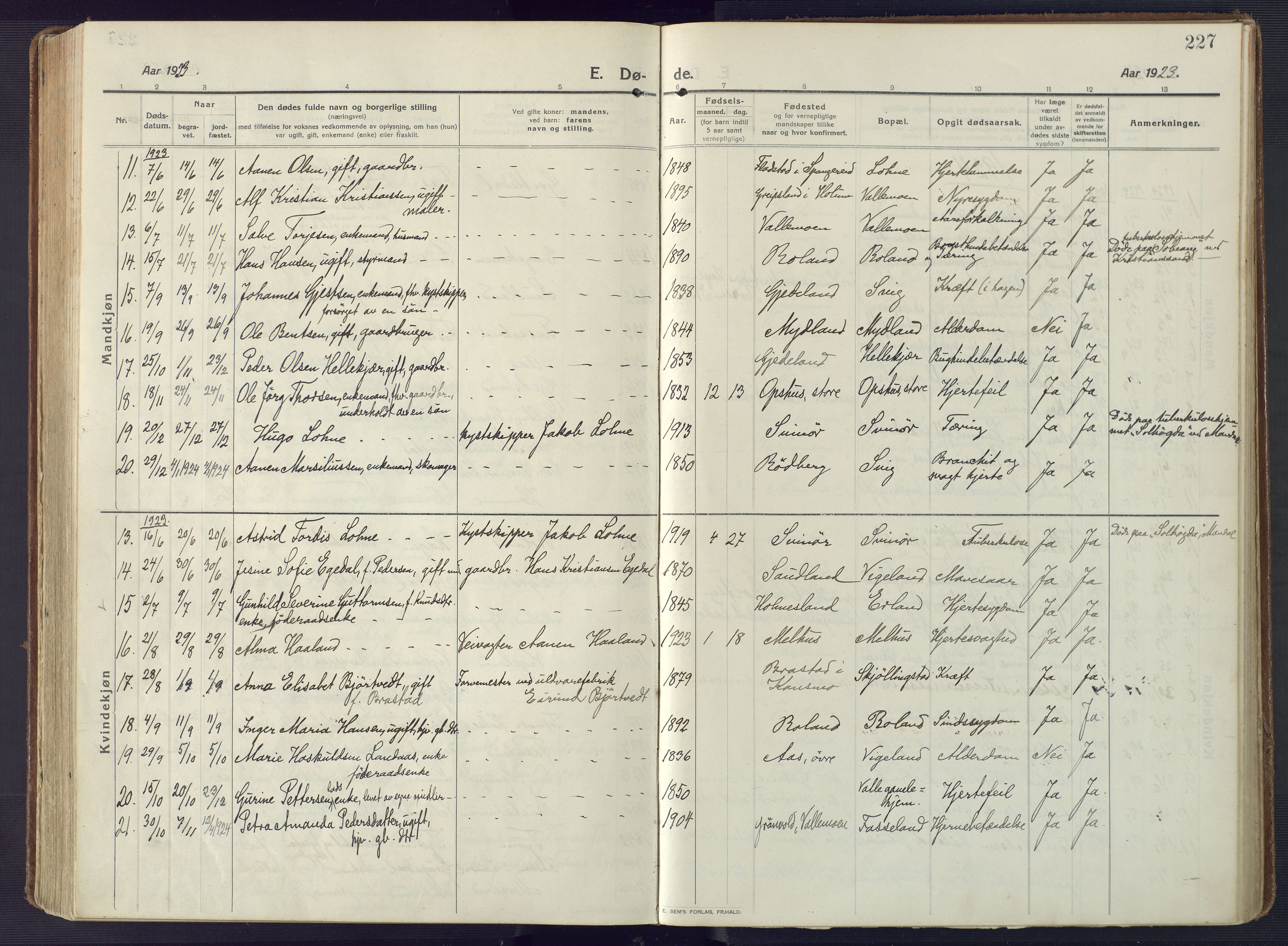 Sør-Audnedal sokneprestkontor, AV/SAK-1111-0039/F/Fa/Fab/L0011: Parish register (official) no. A 11, 1912-1938, p. 227