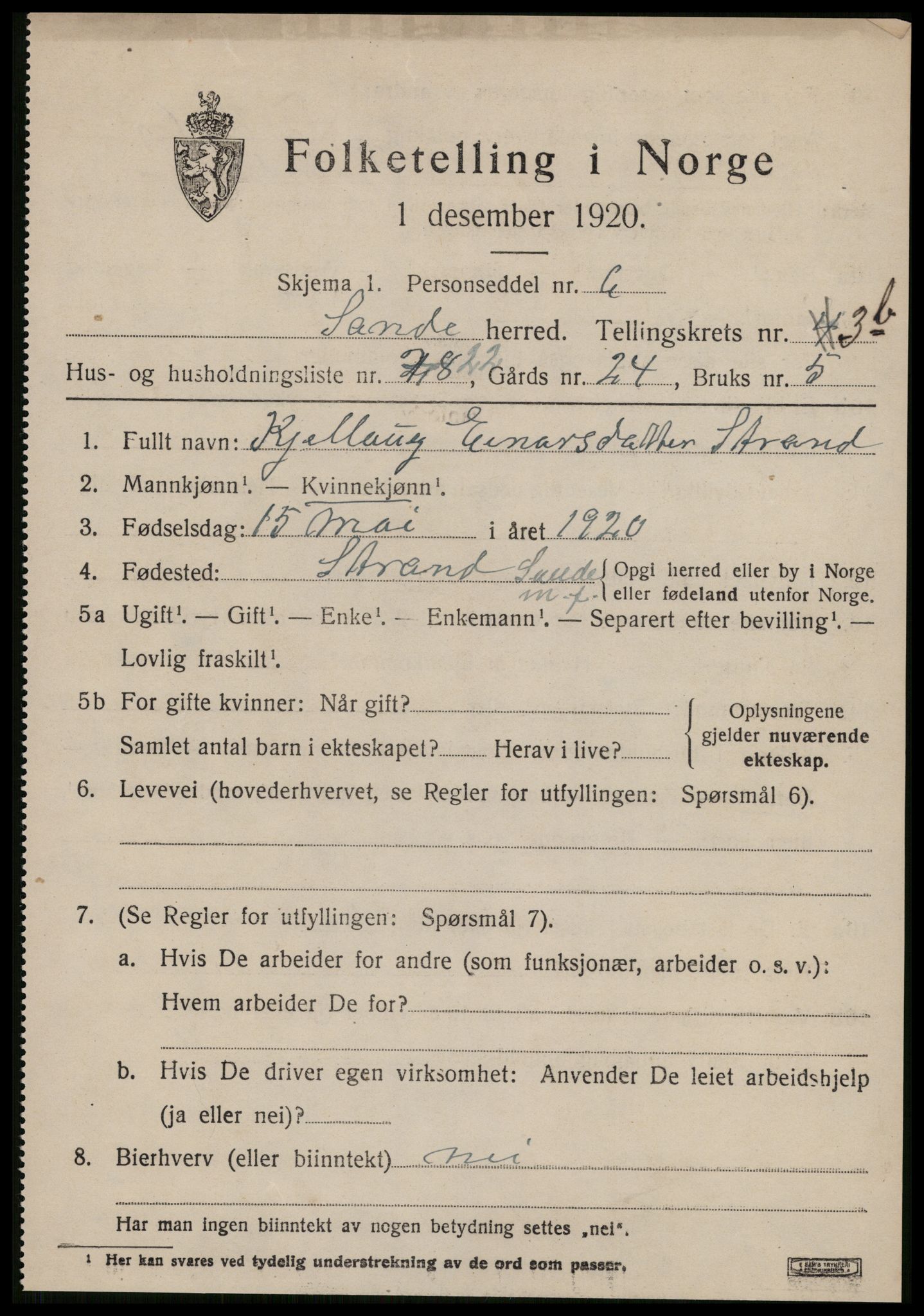 SAT, 1920 census for Sande (MR), 1920, p. 2960