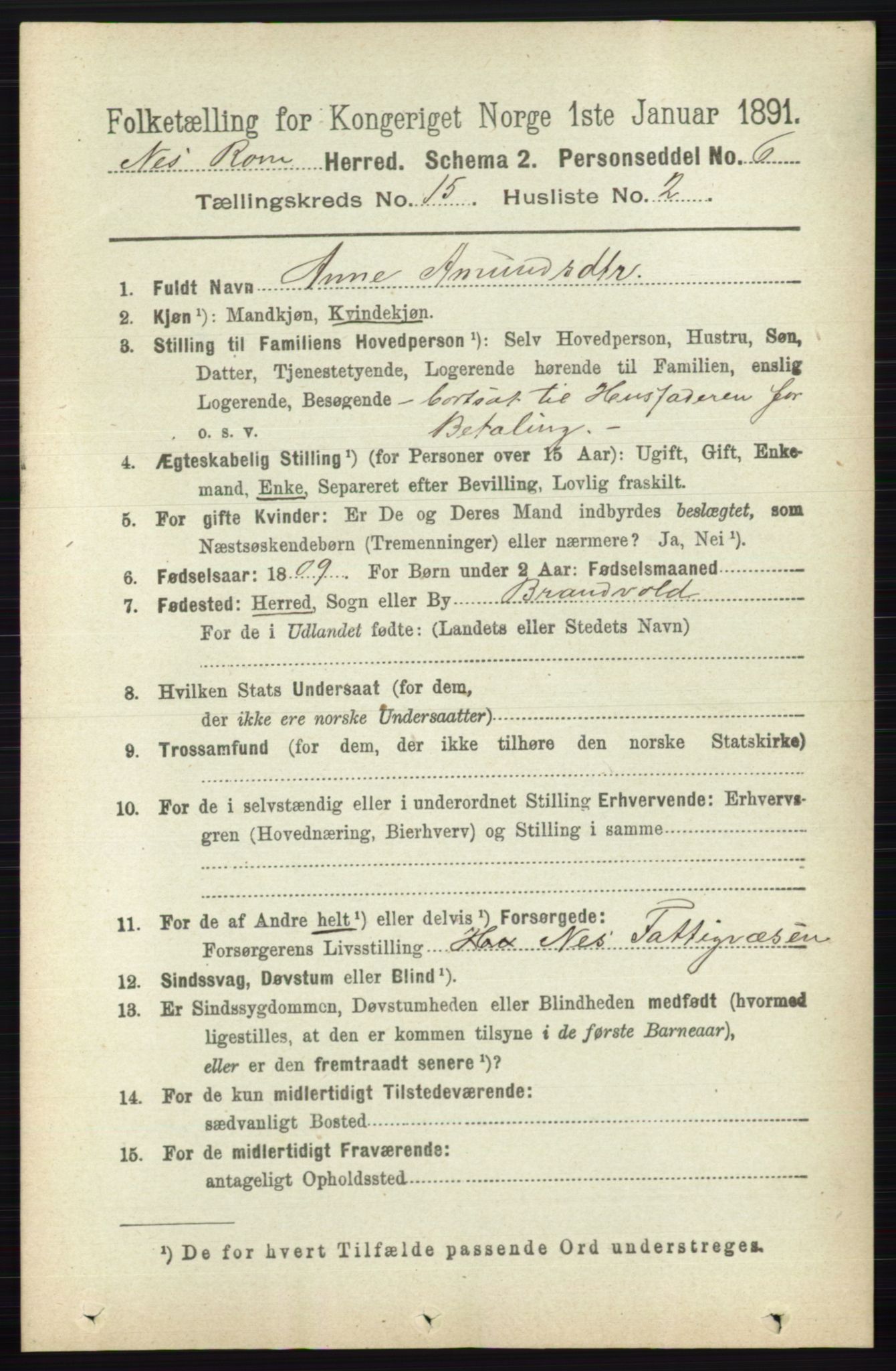 RA, 1891 census for 0236 Nes, 1891, p. 9013