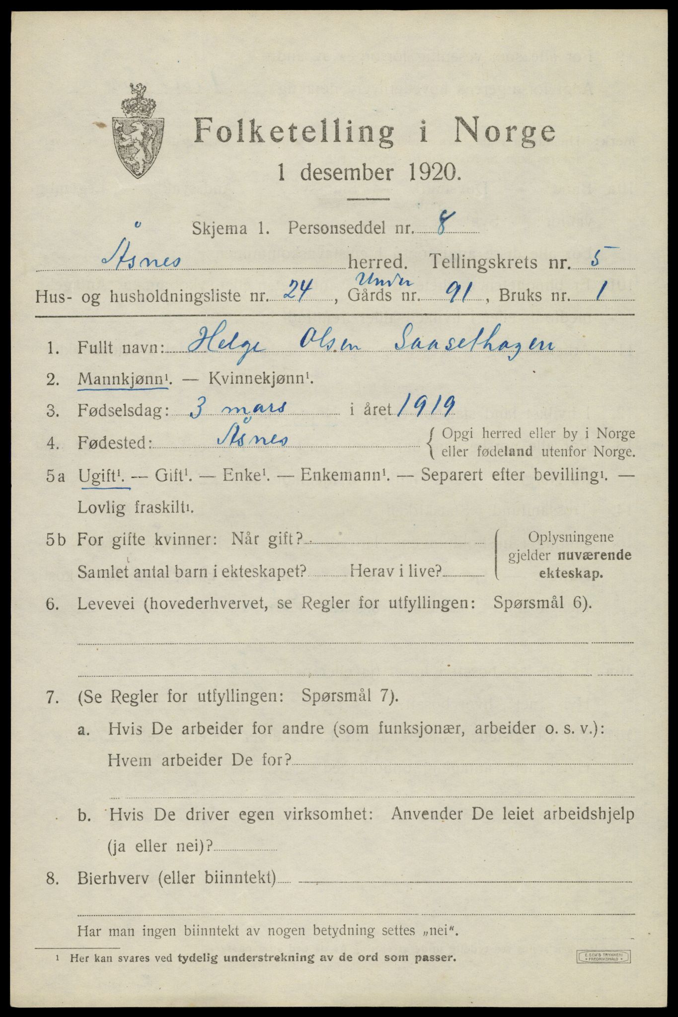 SAH, 1920 census for Åsnes, 1920, p. 6948