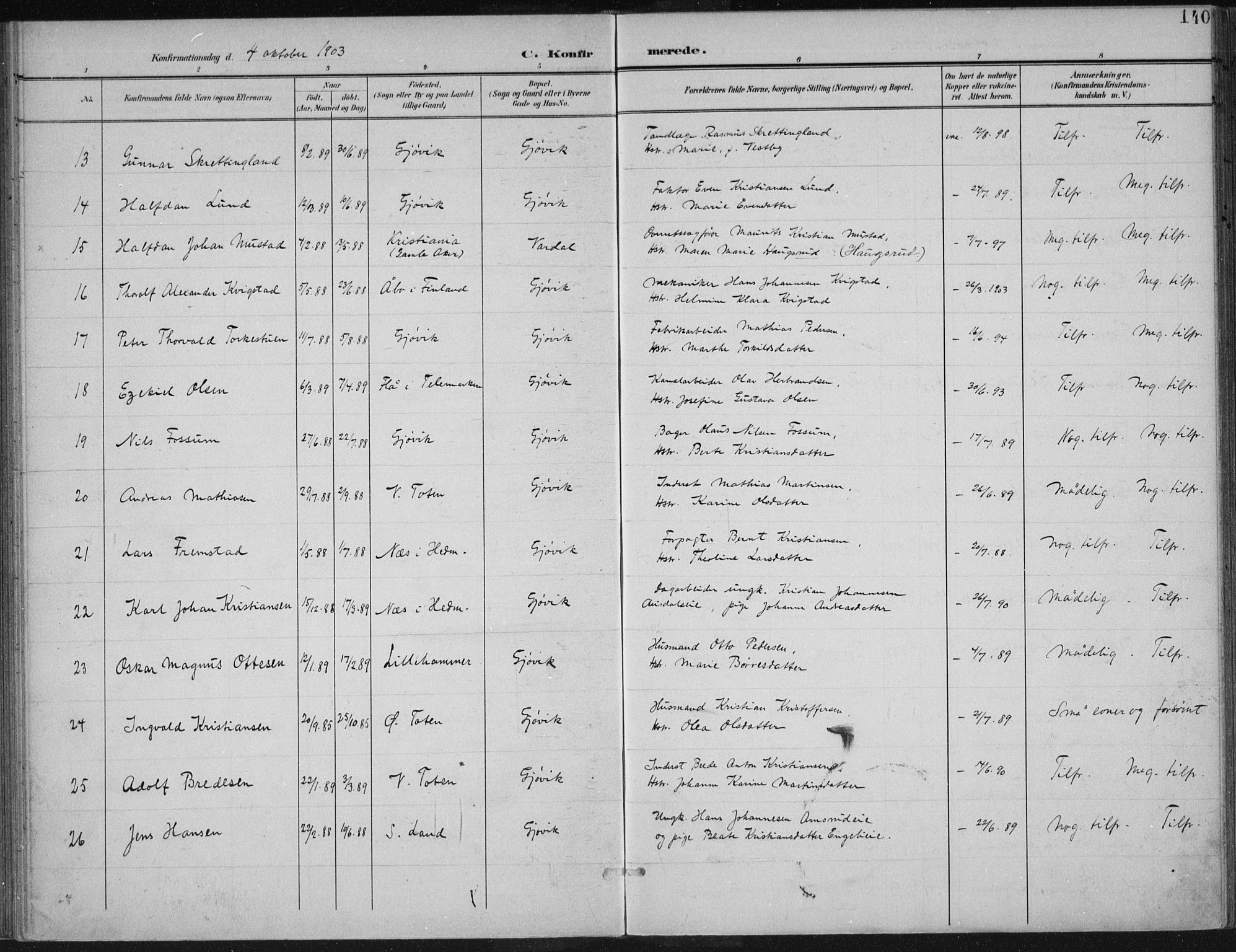 Vardal prestekontor, SAH/PREST-100/H/Ha/Haa/L0013: Parish register (official) no. 13, 1901-1911, p. 140