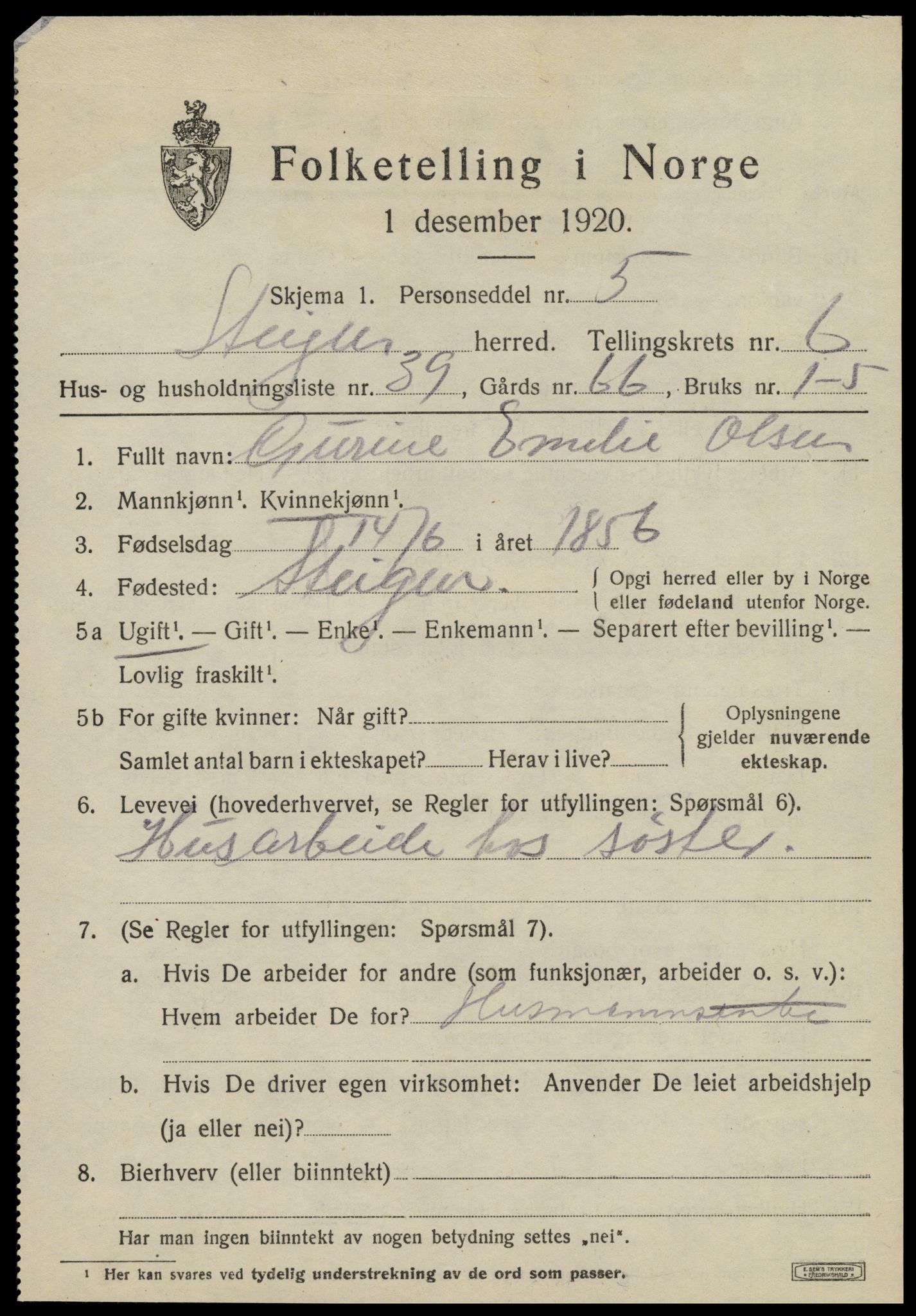 SAT, 1920 census for Steigen, 1920, p. 2746