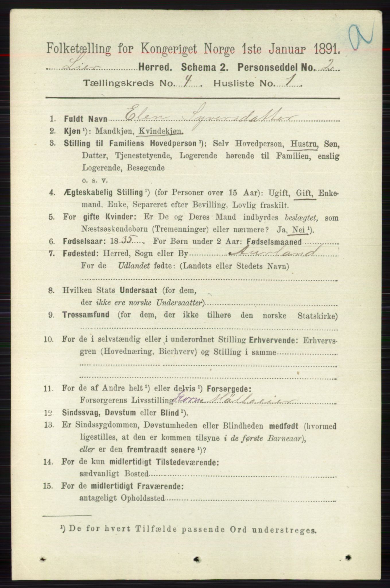 RA, 1891 census for 0626 Lier, 1891, p. 2870