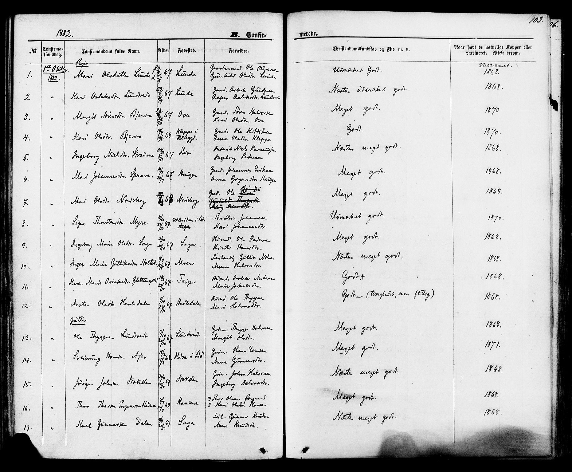 Lunde kirkebøker, SAKO/A-282/F/Fa/L0001: Parish register (official) no. I 1, 1866-1883, p. 103