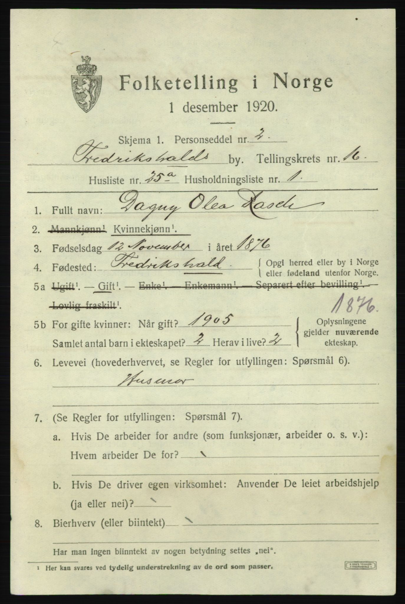 SAO, 1920 census for Fredrikshald, 1920, p. 25753