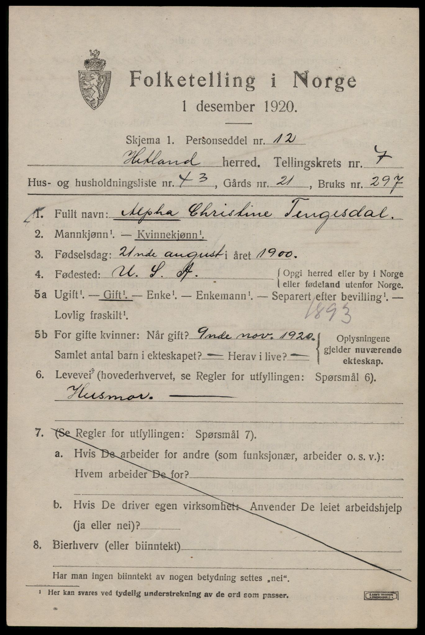 SAST, 1920 census for Hetland, 1920, p. 14453