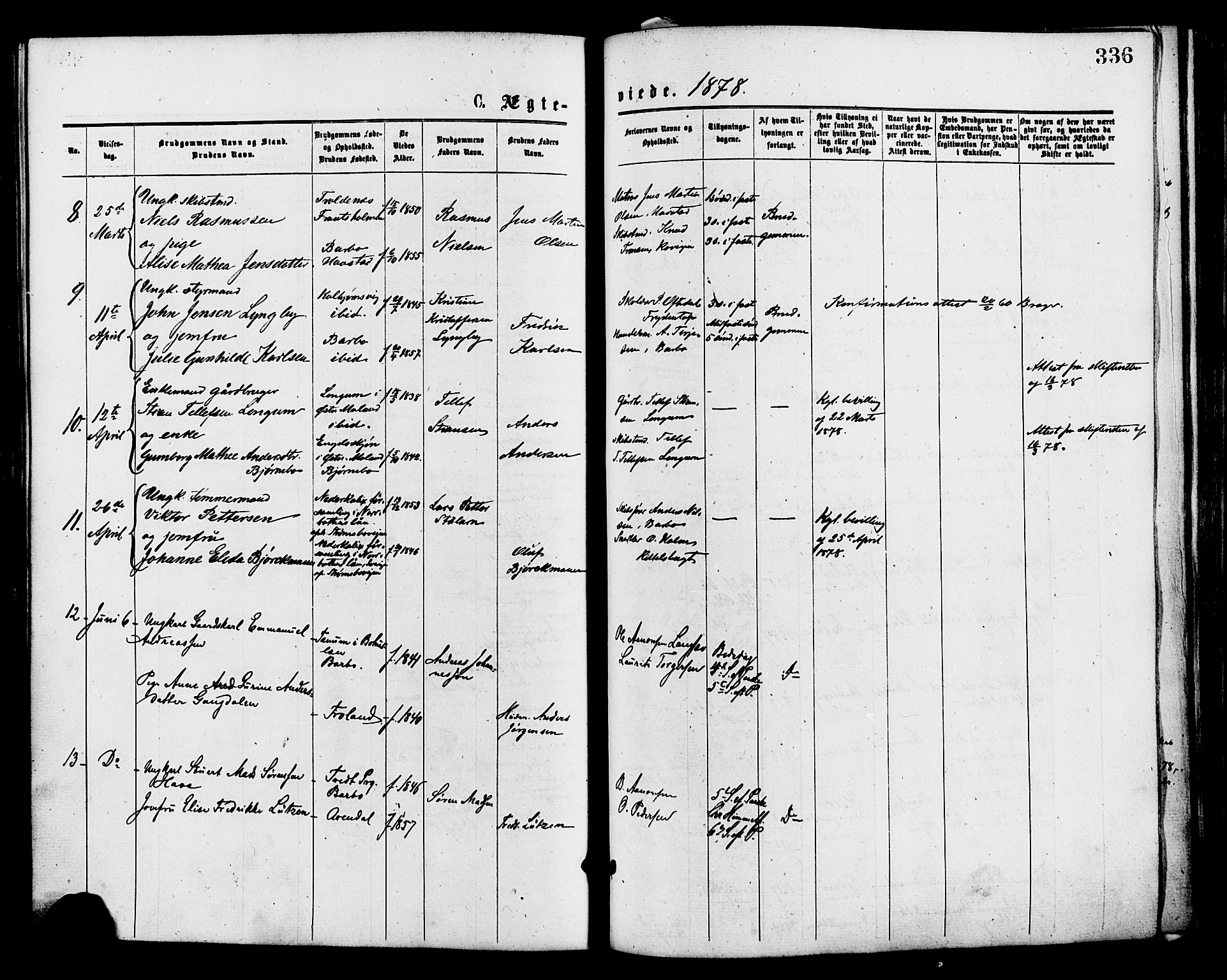 Barbu sokneprestkontor, SAK/1111-0003/F/Fa/L0001: Parish register (official) no. A 1 /1, 1878-1883, p. 336