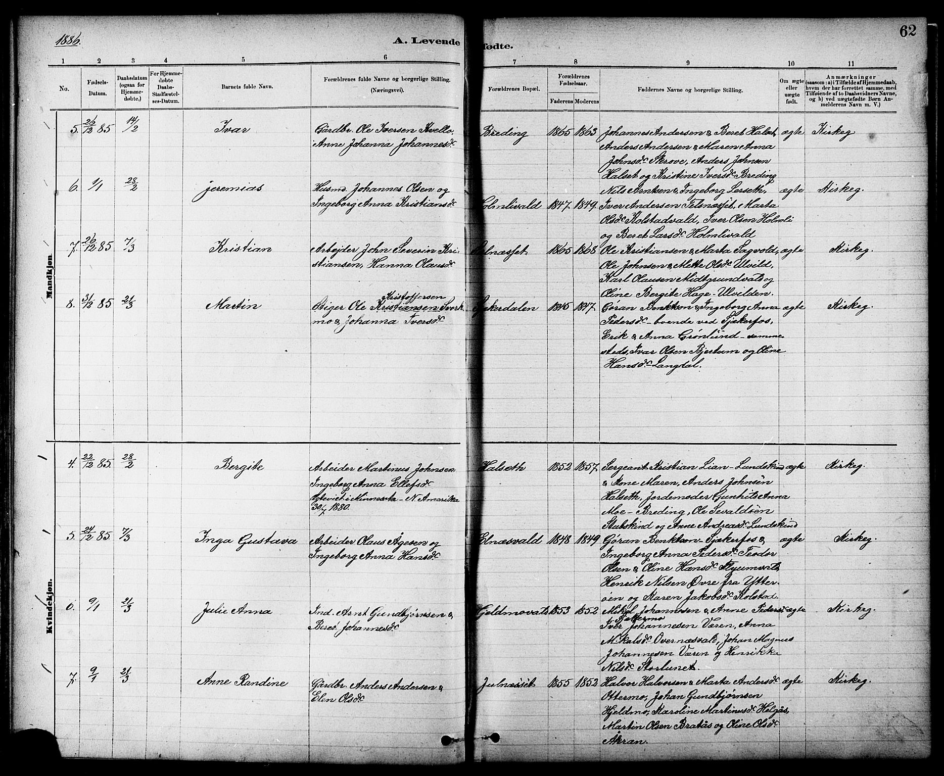 Ministerialprotokoller, klokkerbøker og fødselsregistre - Nord-Trøndelag, AV/SAT-A-1458/724/L0267: Parish register (copy) no. 724C03, 1879-1898, p. 62