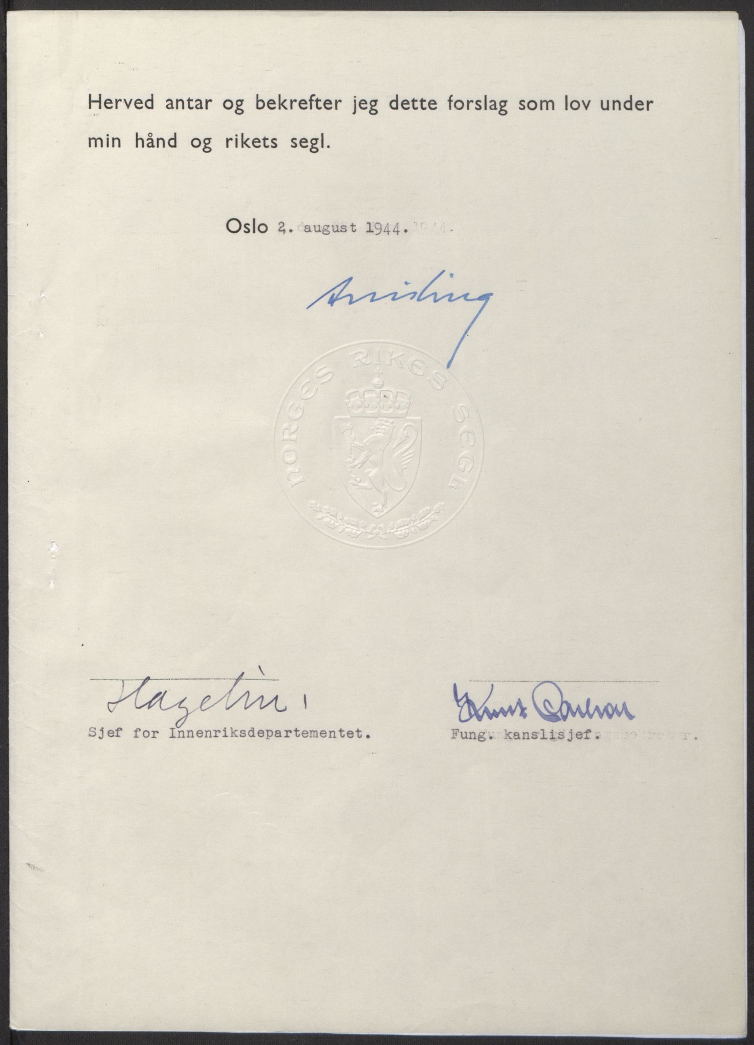 NS-administrasjonen 1940-1945 (Statsrådsekretariatet, de kommisariske statsråder mm), RA/S-4279/D/Db/L0100: Lover, 1944, p. 367