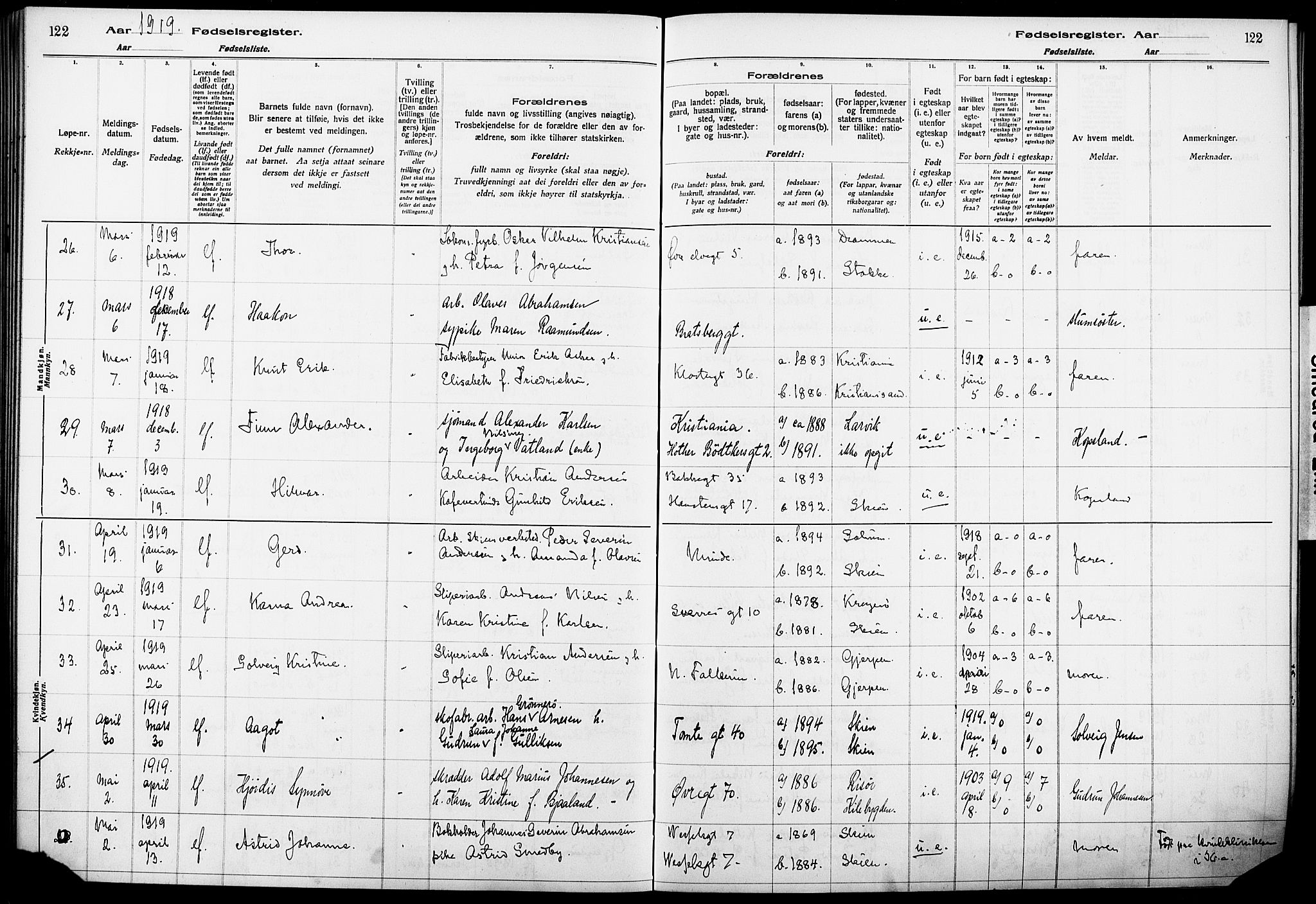 Skien kirkebøker, AV/SAKO-A-302/J/Ja/L0001: Birth register no. 1, 1916-1920, p. 122