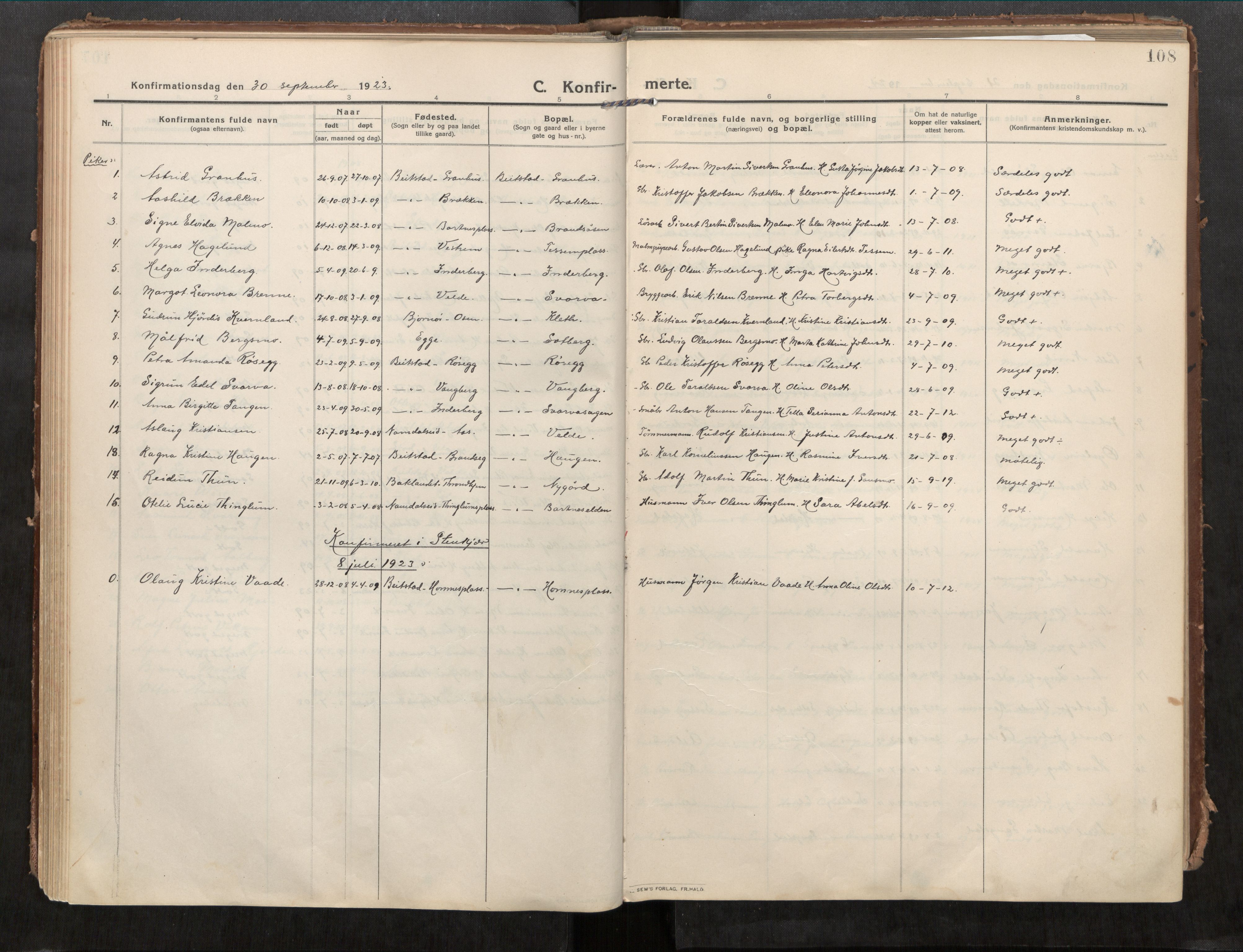 Beitstad sokneprestkontor, SAT/A-1162/I/I1/I1a/L0001: Parish register (official) no. 1, 1912-1927, p. 108