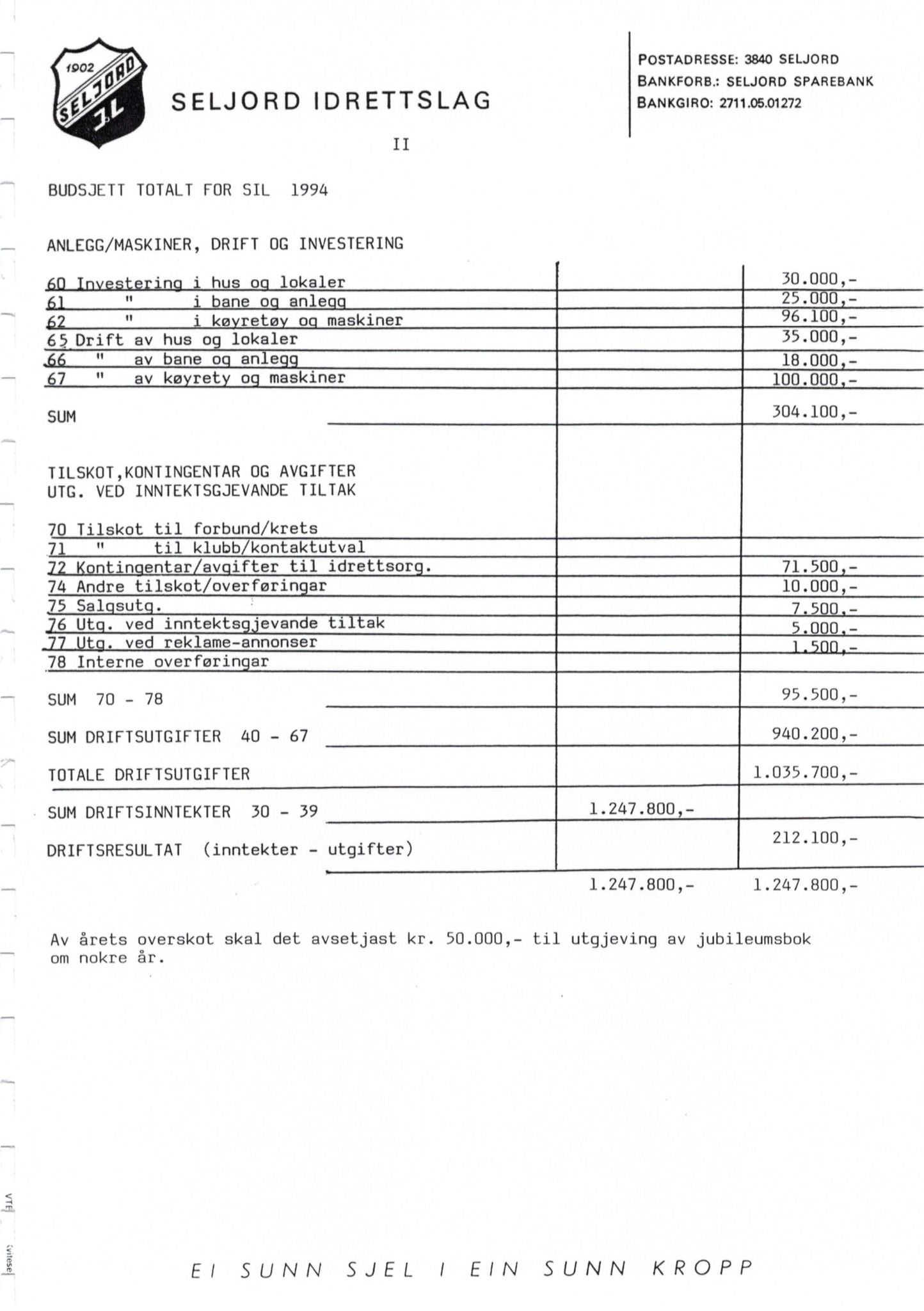 Seljord Idrettslag, VTM/A-1034/A/Ab/L0002: Årsmeldingar, 1994