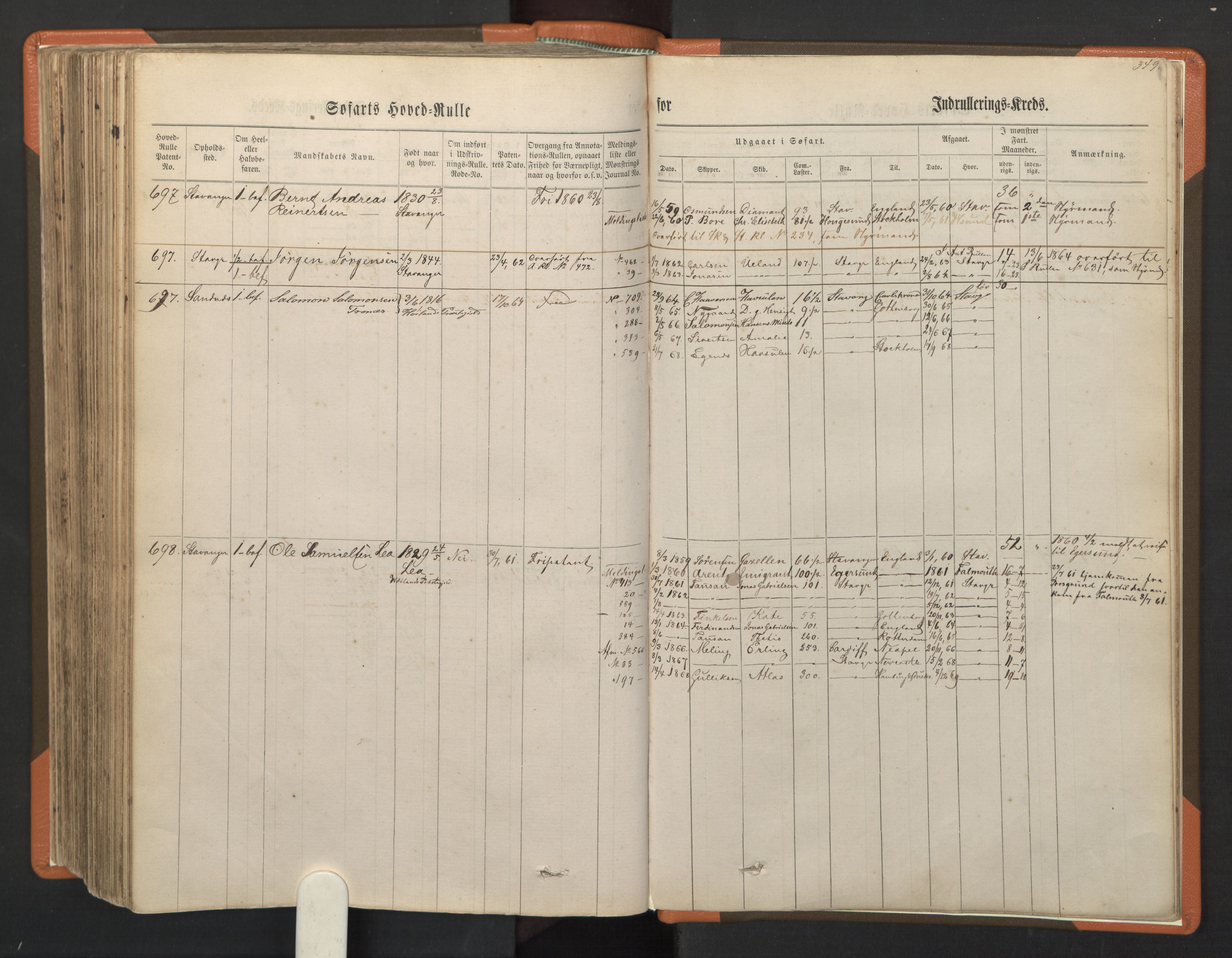 Stavanger sjømannskontor, AV/SAST-A-102006/F/Fb/Fbb/L0001: Sjøfartshovedrulle, patentnr. 1-720 (del 1), 1860-1863, p. 353