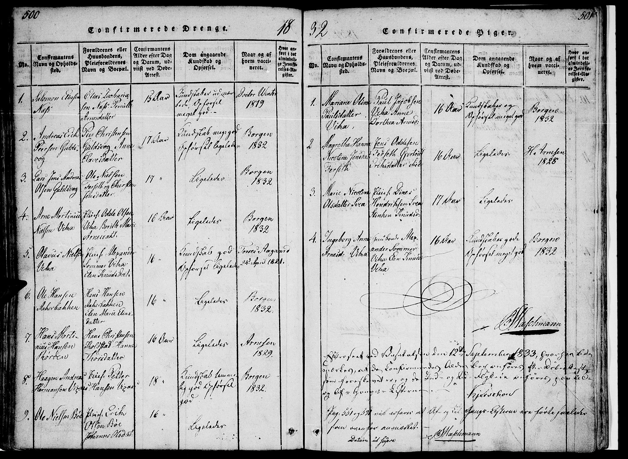 Ministerialprotokoller, klokkerbøker og fødselsregistre - Nordland, AV/SAT-A-1459/816/L0239: Parish register (official) no. 816A05, 1820-1845, p. 500-501