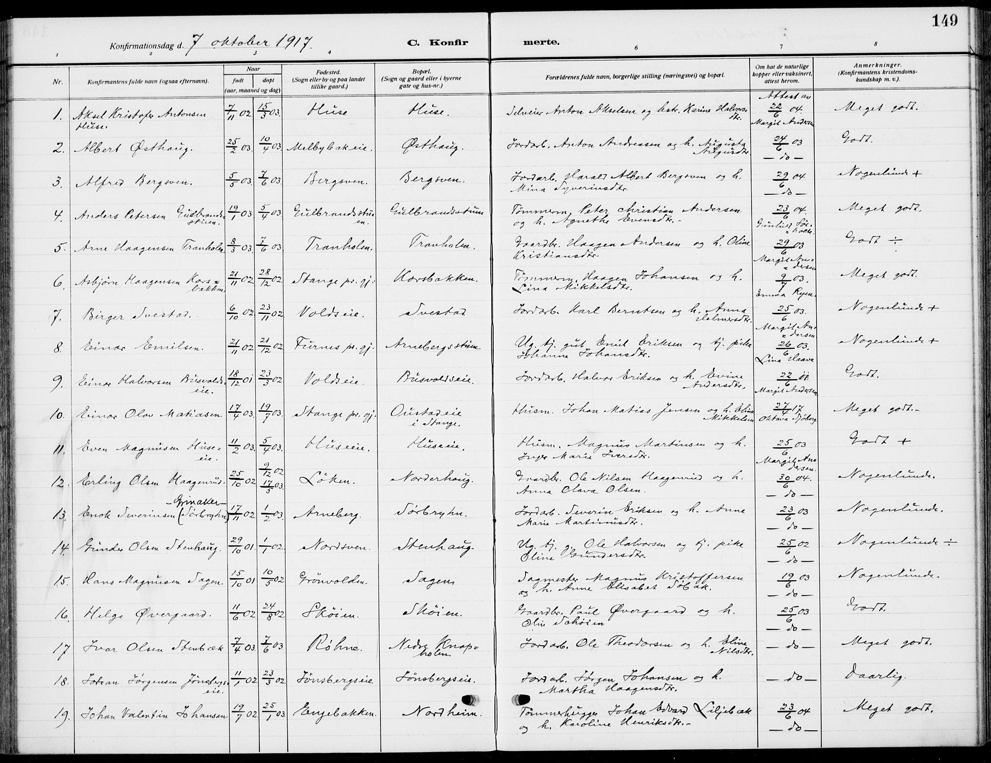 Romedal prestekontor, SAH/PREST-004/K/L0012: Parish register (official) no. 12, 1913-1935, p. 149