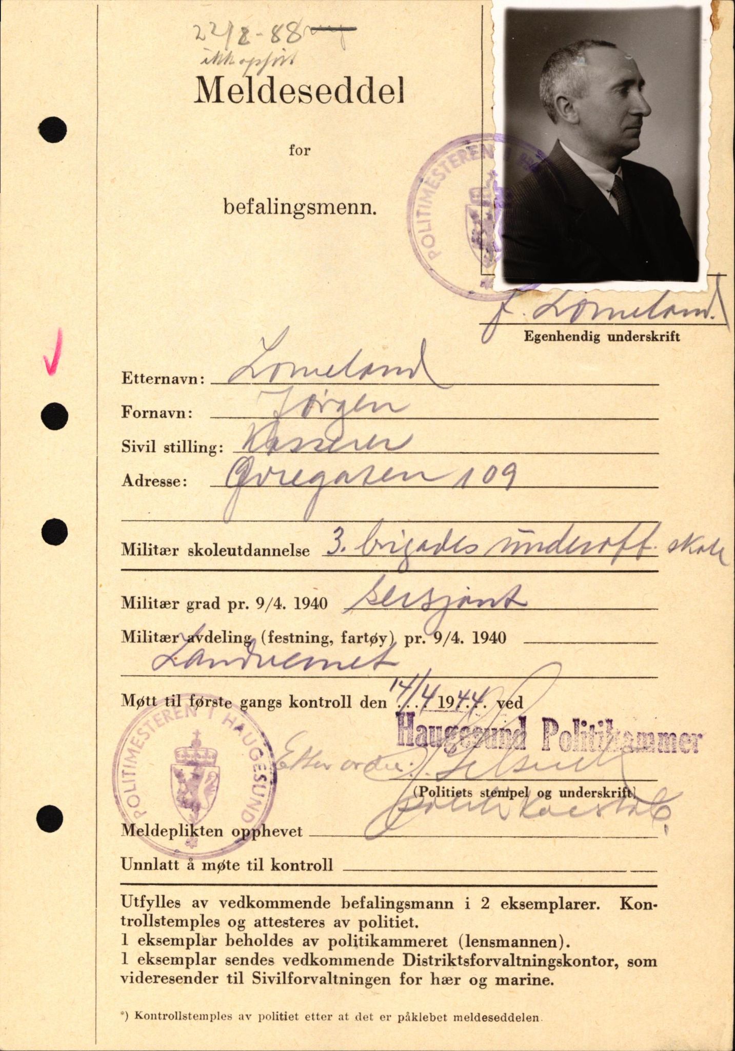 Forsvaret, Forsvarets krigshistoriske avdeling, AV/RA-RAFA-2017/Y/Yf/L0209: II-C-11-2121  -  Okkupasjonstiden.  Meldesedler for befal med foto og oppl. om militær grad 9. apr. 1940., 1944-1945, p. 109