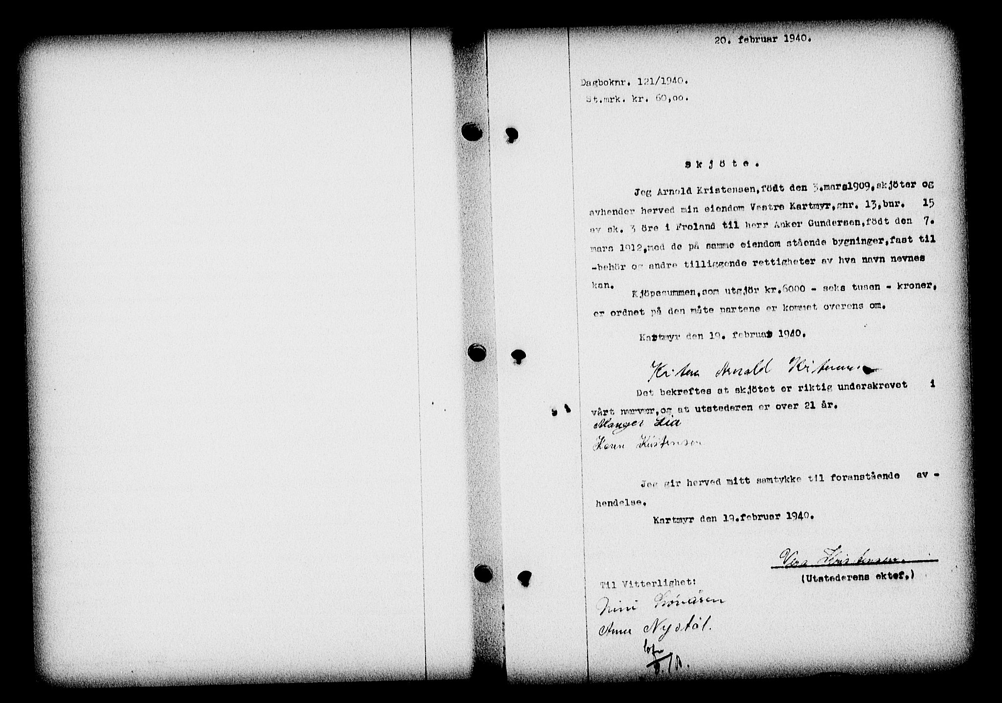 Nedenes sorenskriveri, SAK/1221-0006/G/Gb/Gba/L0047: Mortgage book no. A-I, 1939-1940, Diary no: : 121/1940